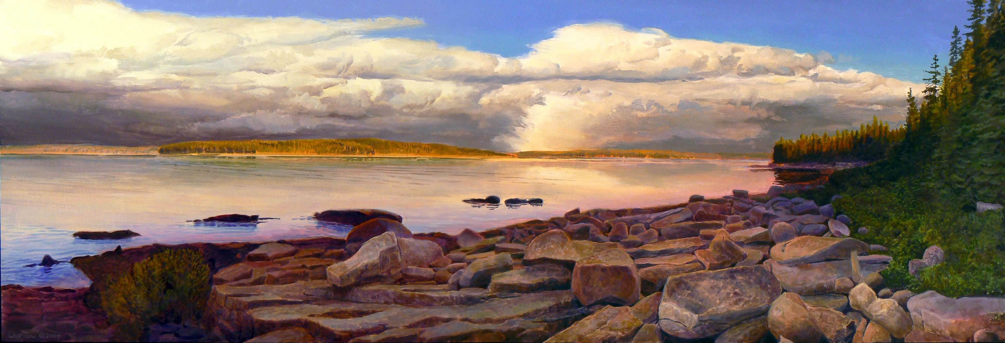 peinture lac paysage nuages pierres