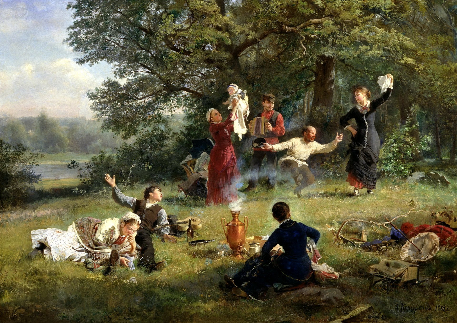 pittura korzuhin domenica pomeriggio immagine tela situazione picnic natura persone harmonist