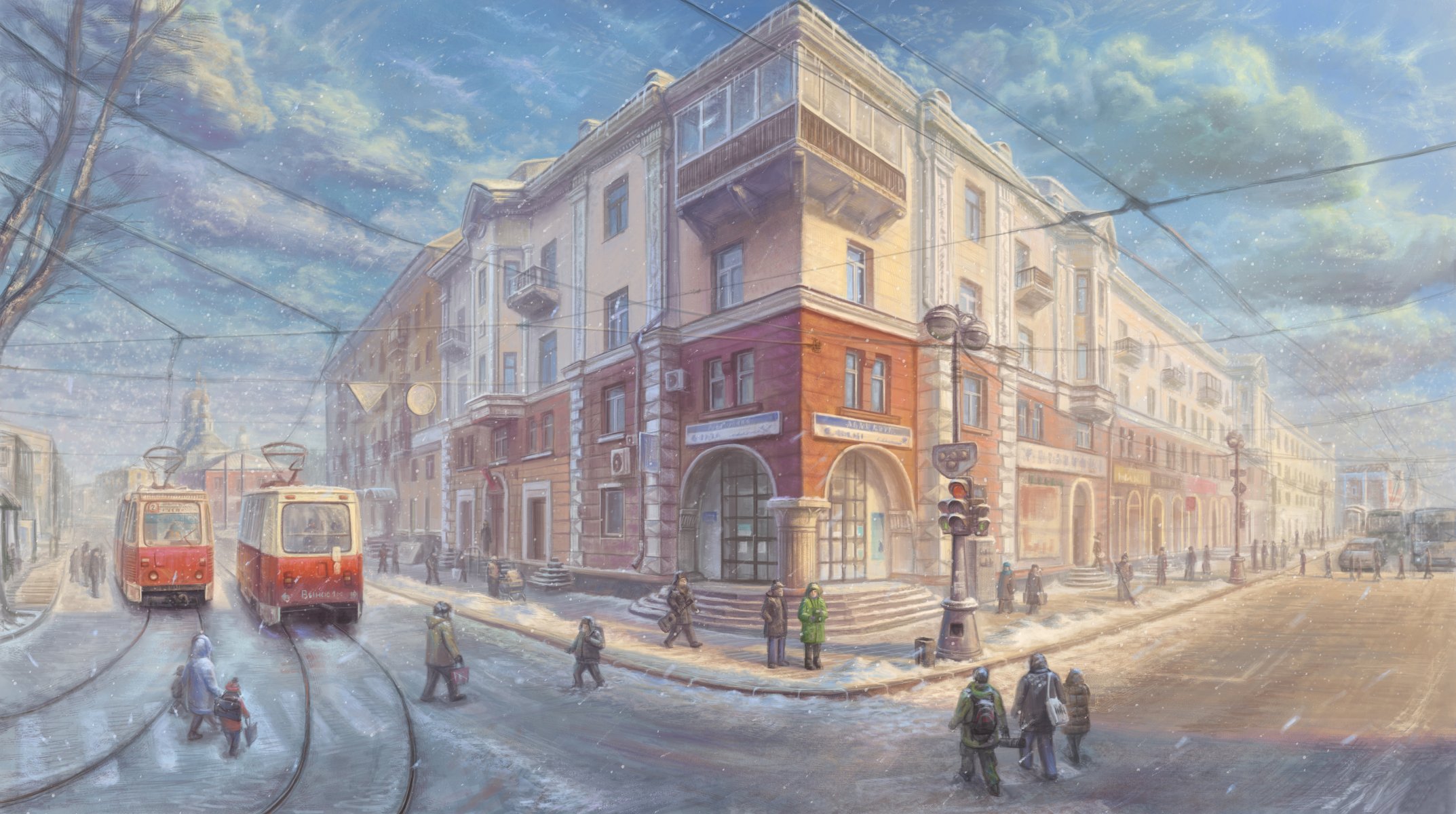 city winter street passers-by tram traffic light road house lantern car