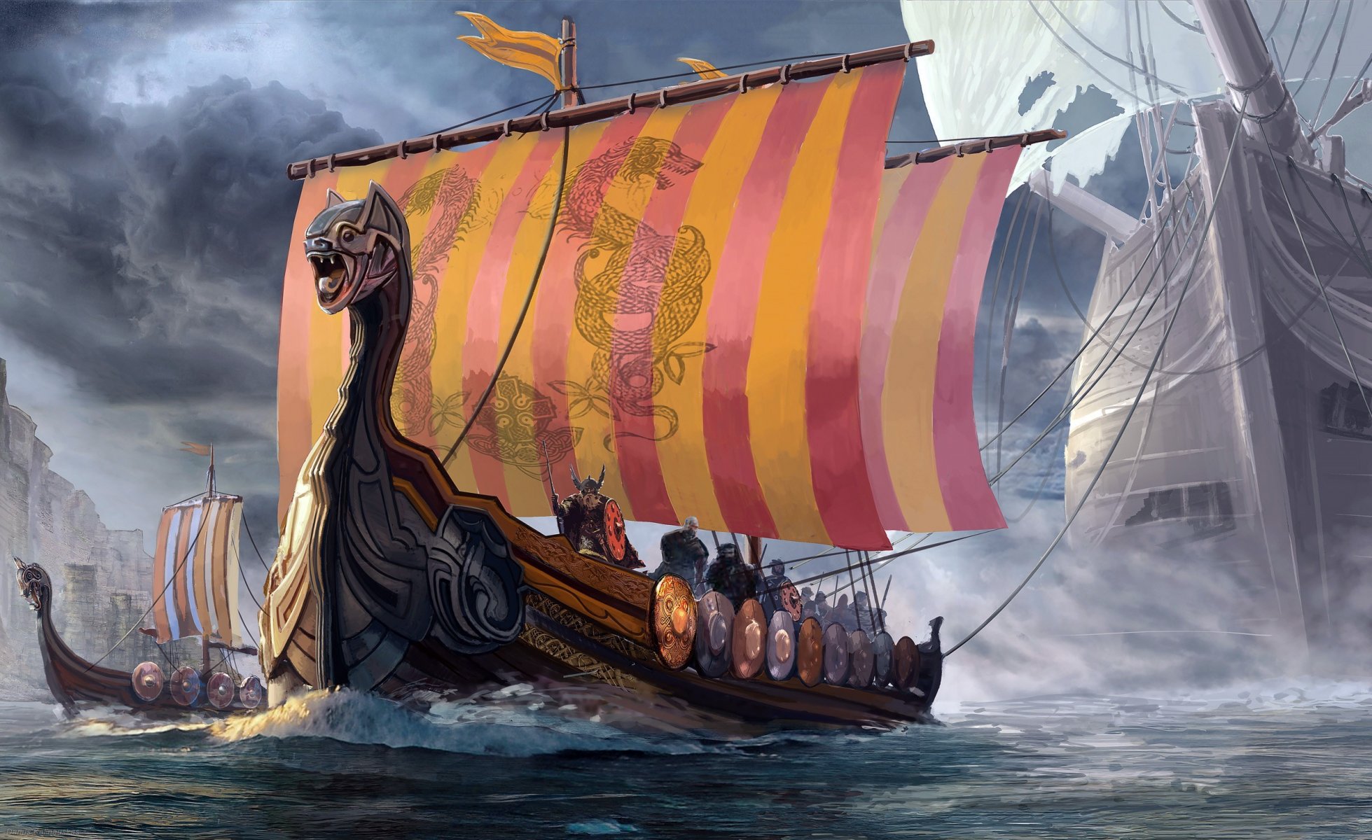 drakkar barco dragón marineros vikingos mar olas cielo