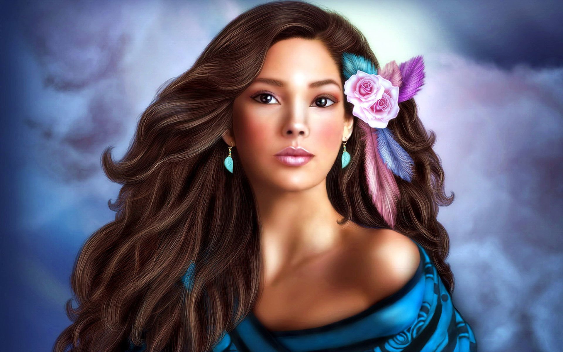 girl brunette long hair flower roses feathers earring