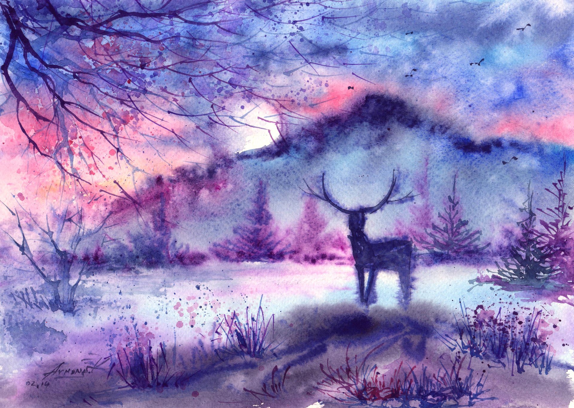 painted landscape reindeer branches grass mountain night bird