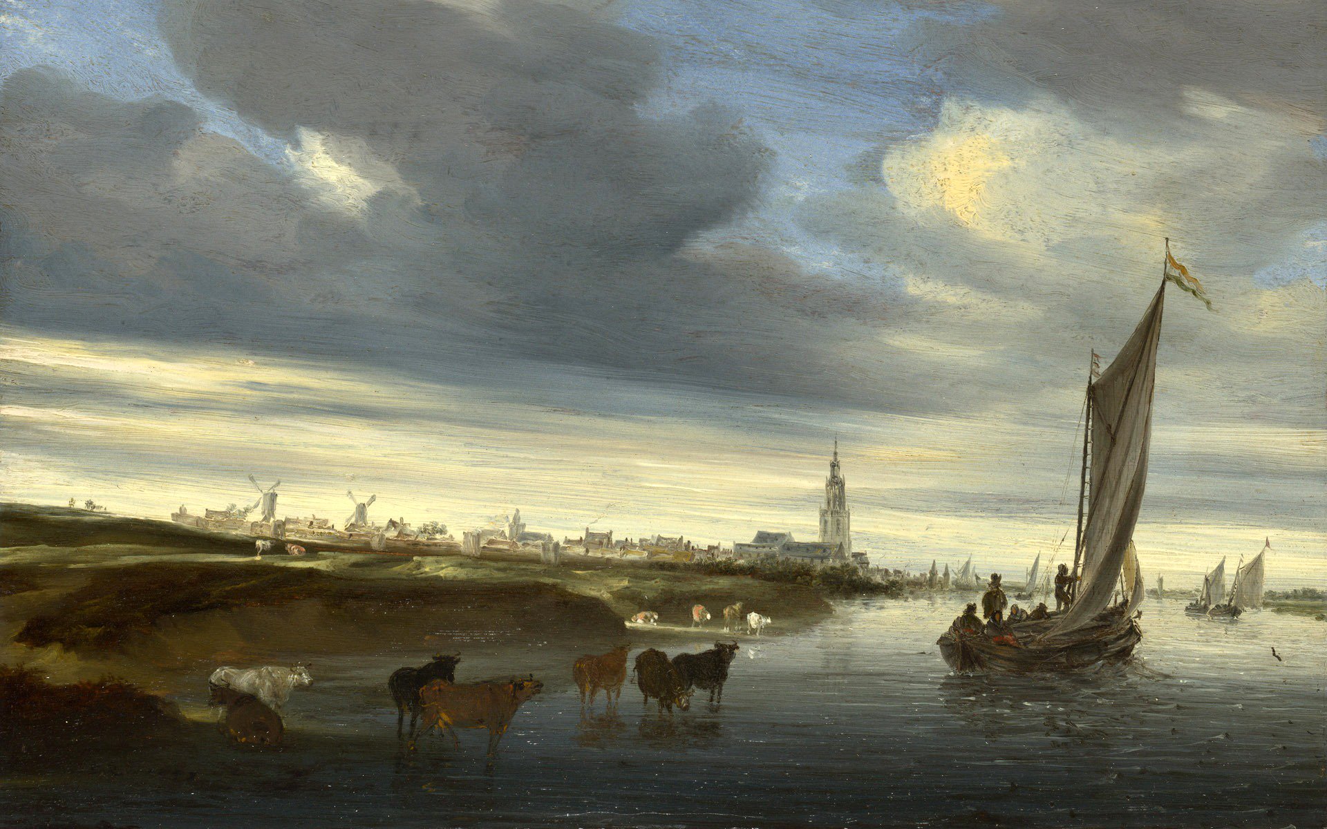 peinture paysage ciel nuages canal bateau voile vaches moulin tour