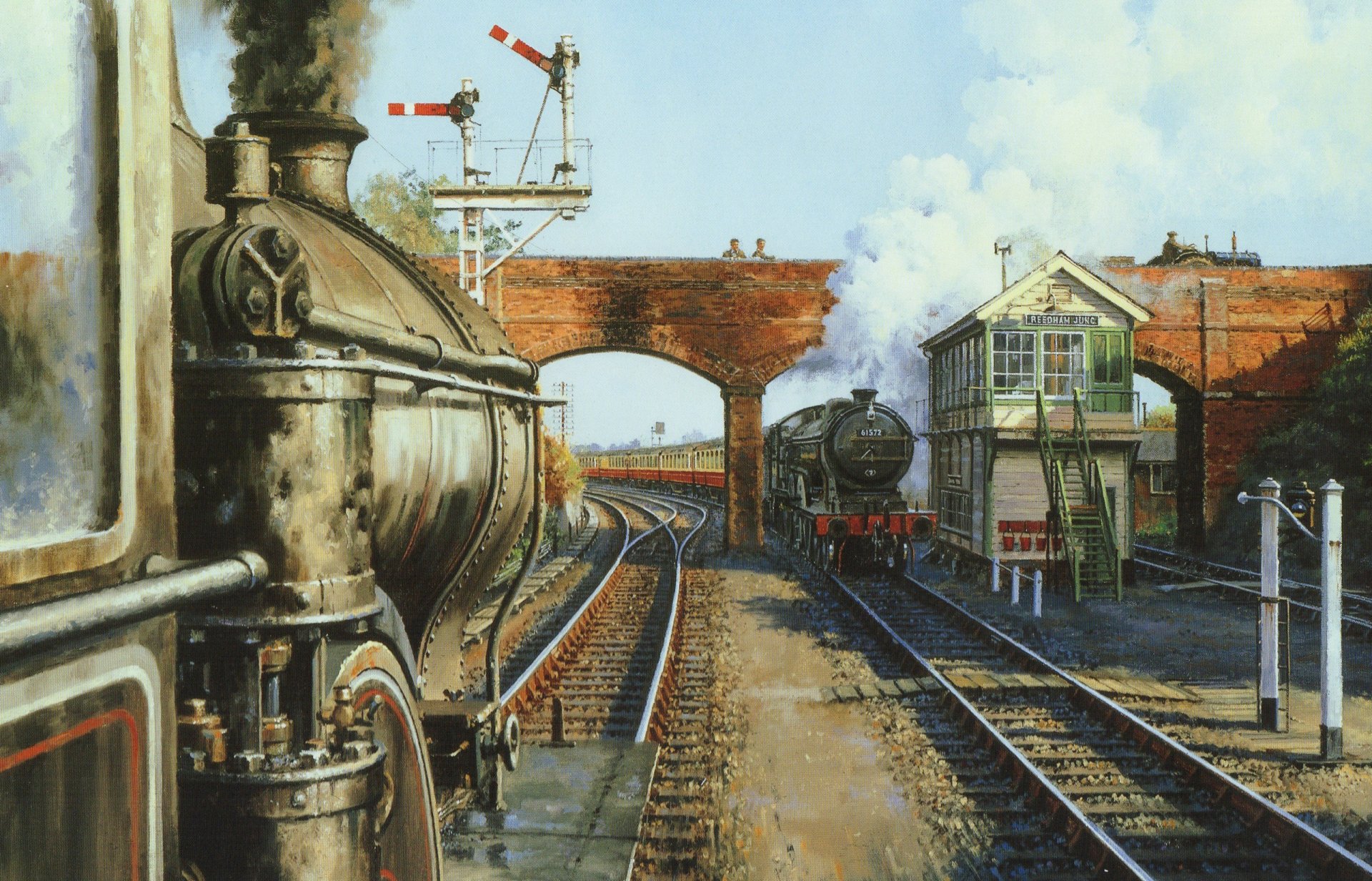 pattern canvas landscape train steam engine smoke bridge patrol stop