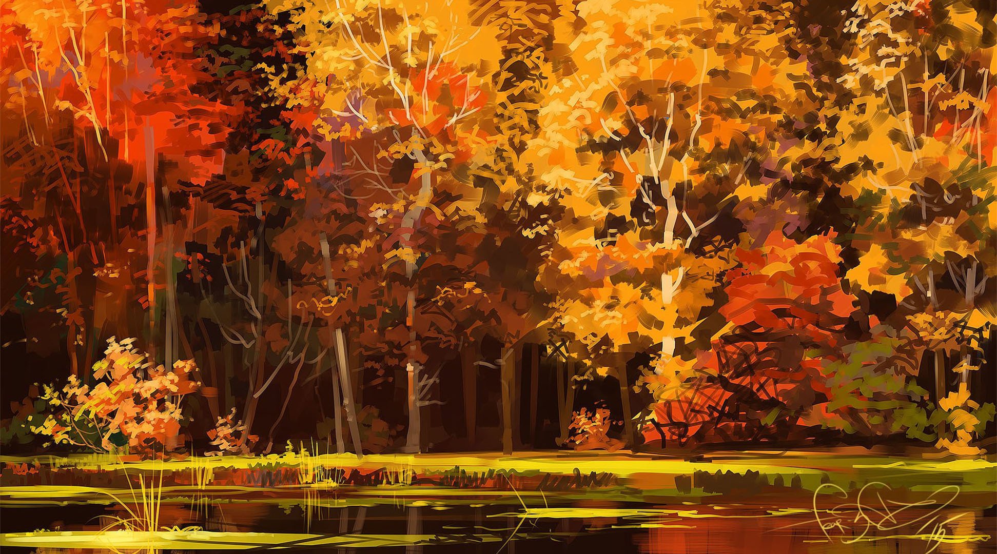 autumn art forest lake tree