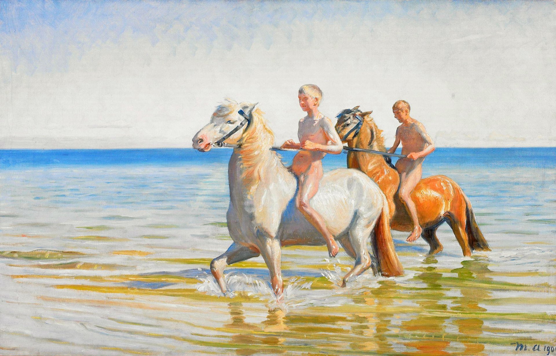 mikael anker peinture ciel mer cheval baignade garçon