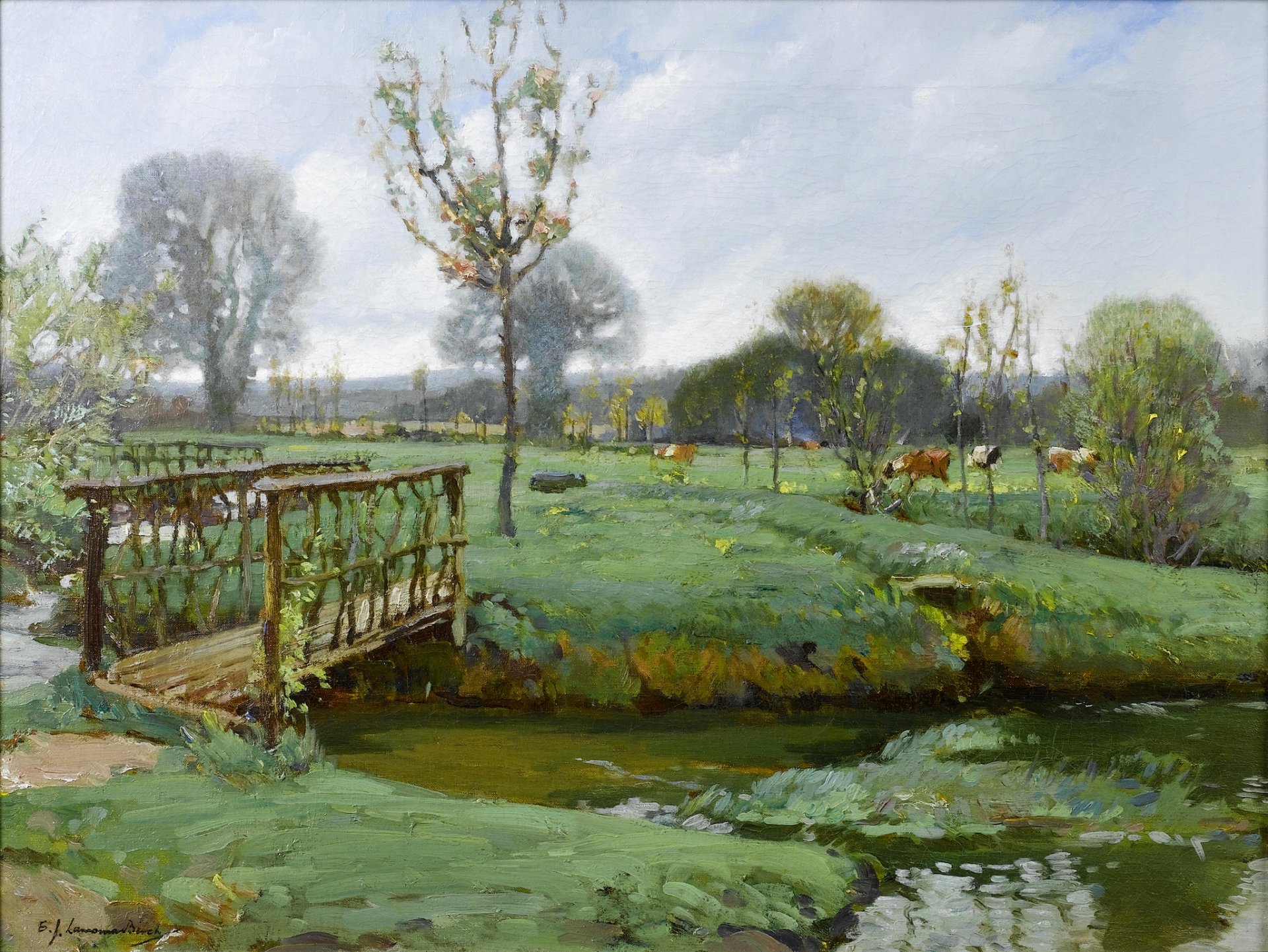 amuel birch landscape with cows in the meadow pattern landscape sky clouds meadow grass cow river creek bridge