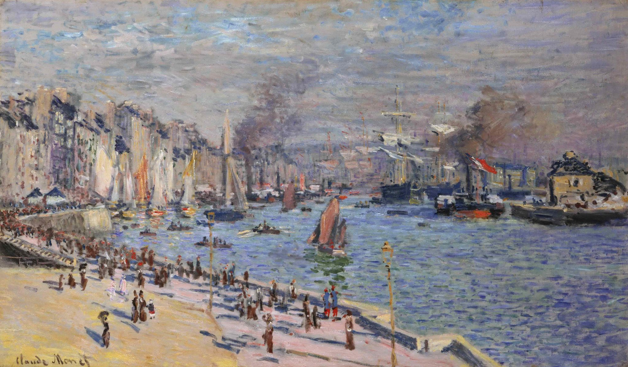 claude monet painting landscape river city boat sail shore embankment people walk exercise steamboat smoke ship sailboat houses sky