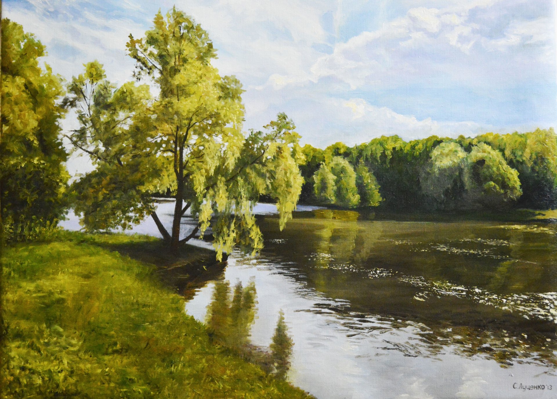 malerei sergey lutsenko rus malerei landschaft fluss ufer bäume himmel wolken