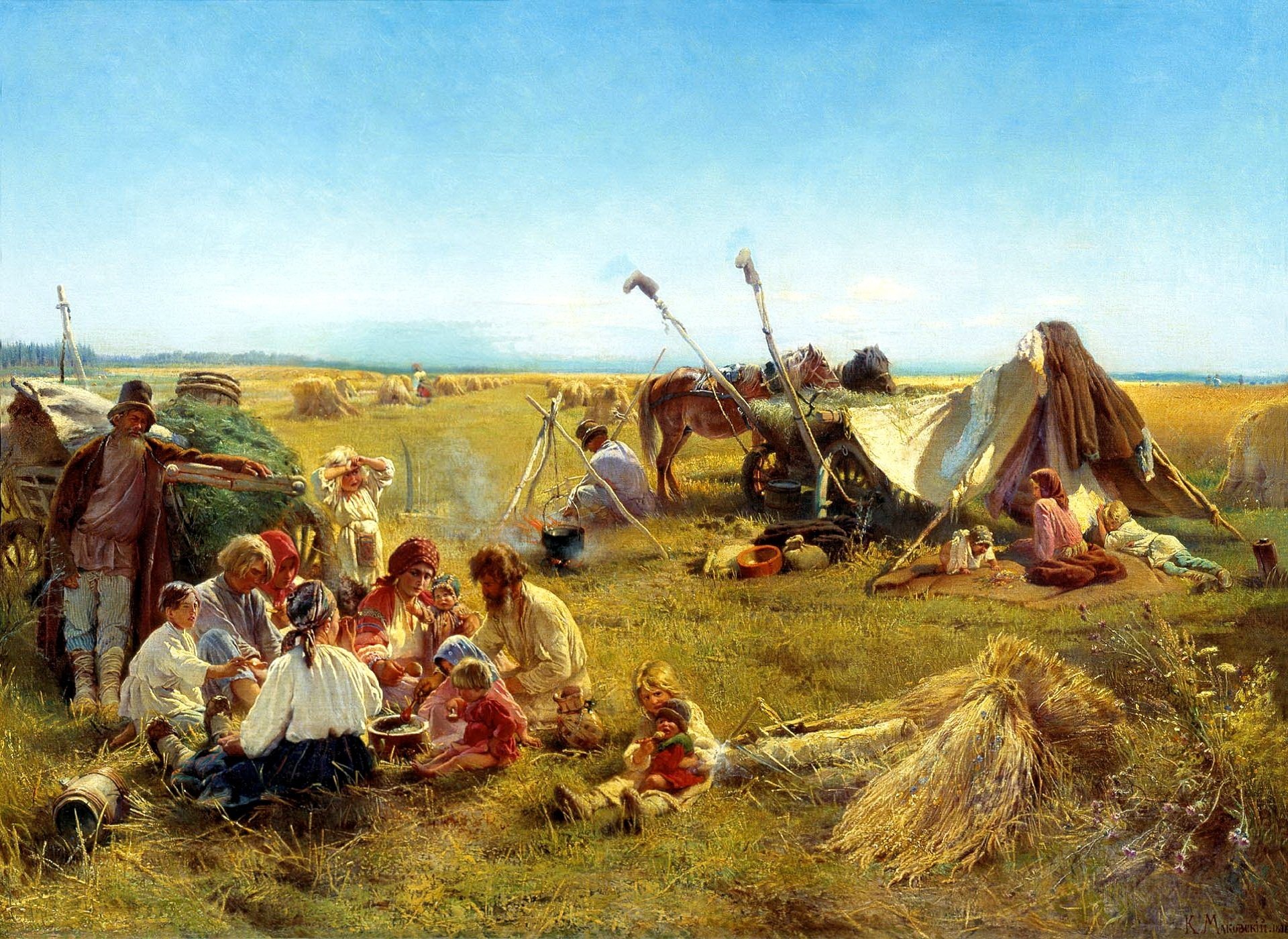 peinture makovsky déjeuner paysan sur le terrain peinture situation personnes enfants melon nourriture cheval charrette gerbes