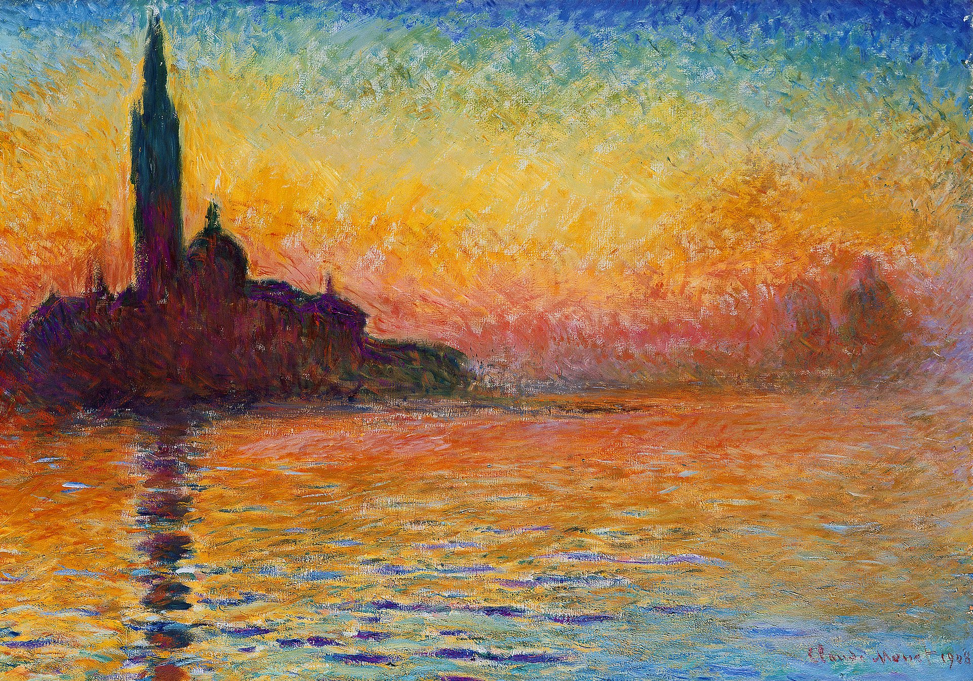 claude monet pintura paisaje cielo mar iglesia torre venecia