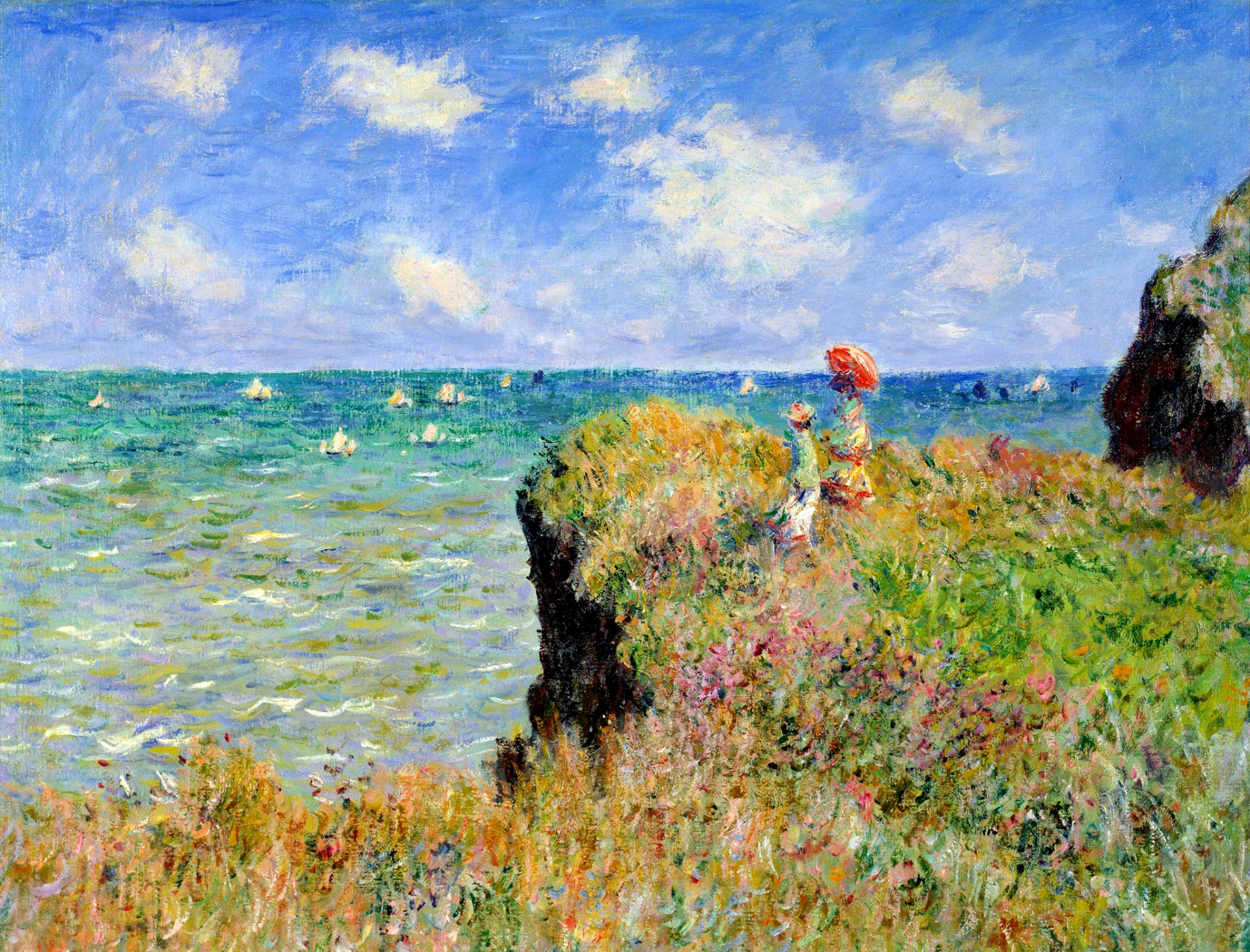 claude monet peinture paysage mer bateau voile roches herbe fleurs