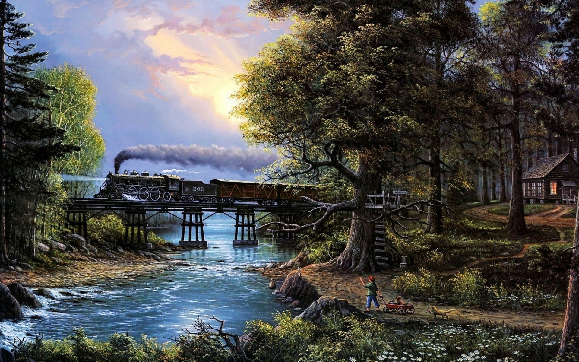 pintura dibujo bosque río locomotora de vapor cielo