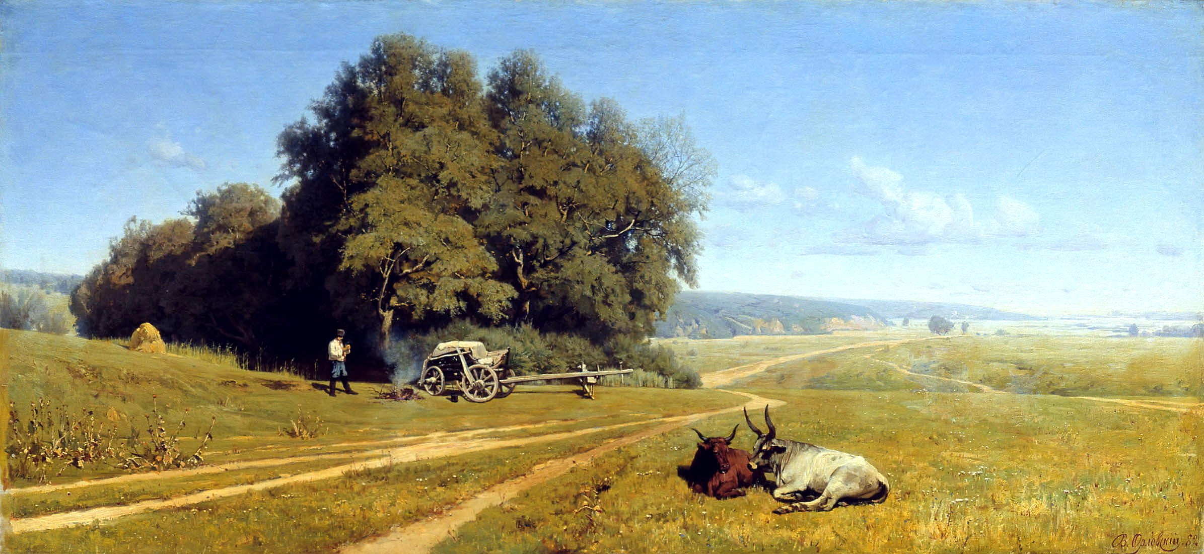 pintura orlovsky paisaje pintura camino hombre búfalos carro árboles bosque cielo nubes dal