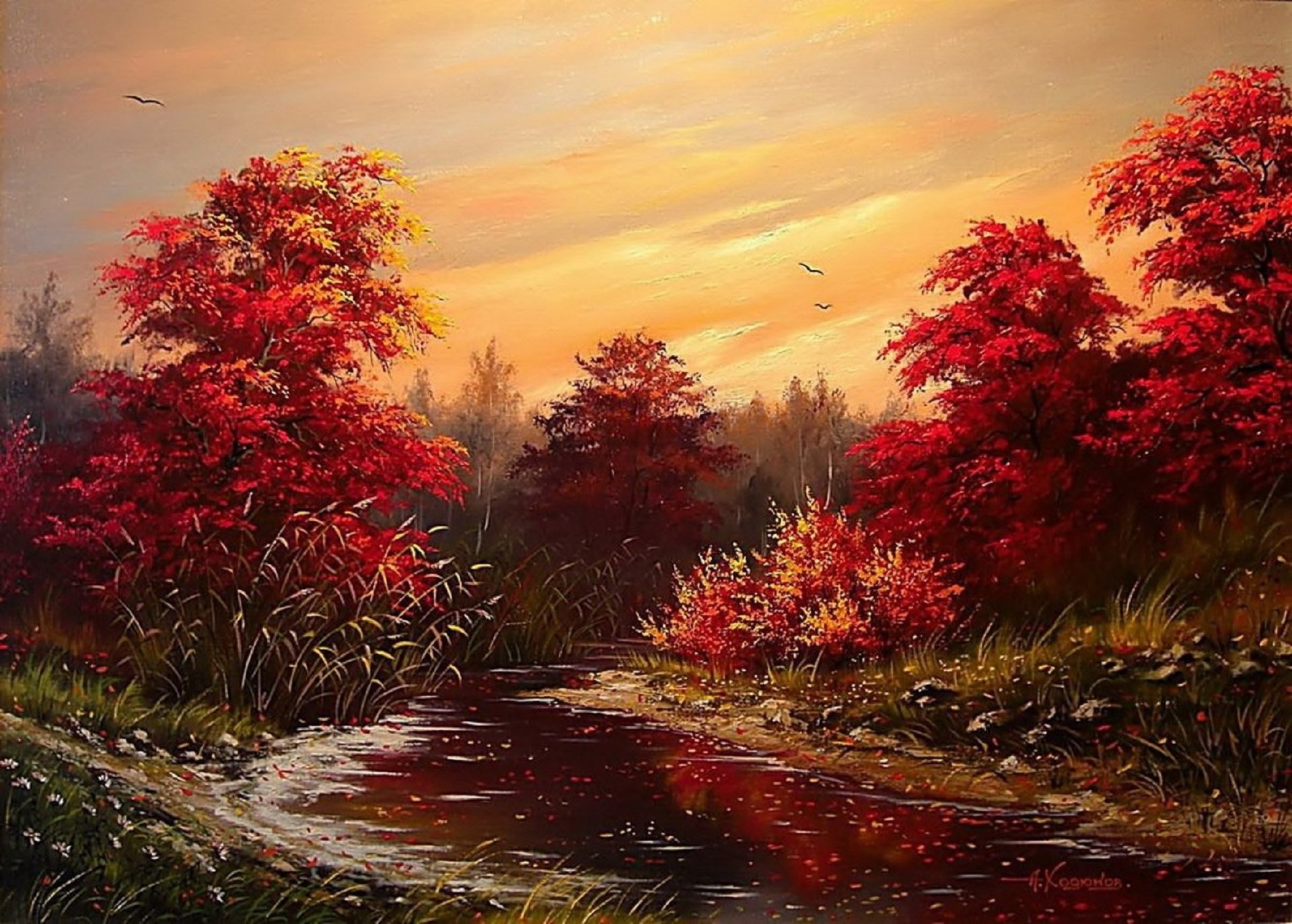 pintura caminantes otoño paisaje árboles follaje río agua orilla pájaros cielo pintura pintura papel pintado