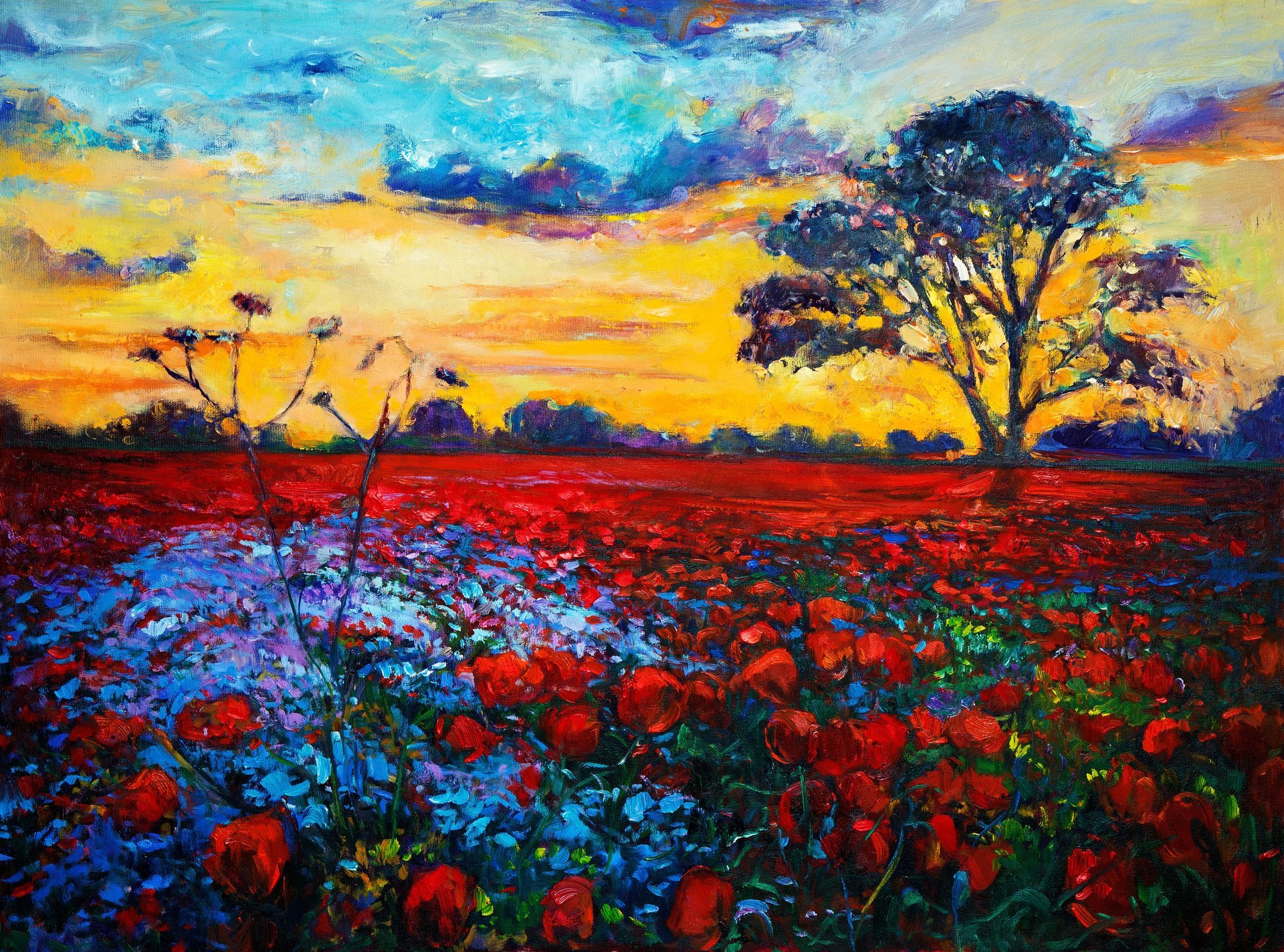 pintura flores paisaje árboles cielo nubes