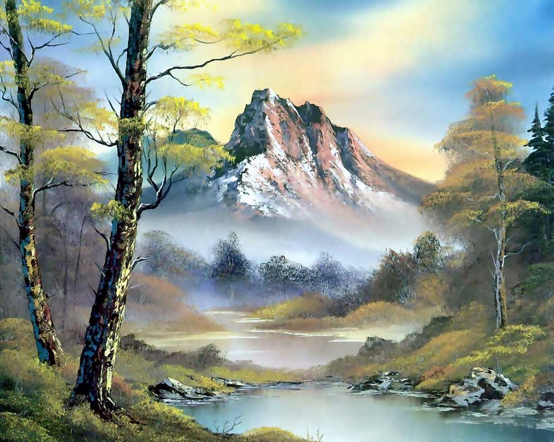 pintura bob ross pintura paisaje naturaleza montañas río agua bosque árboles cielo nubes