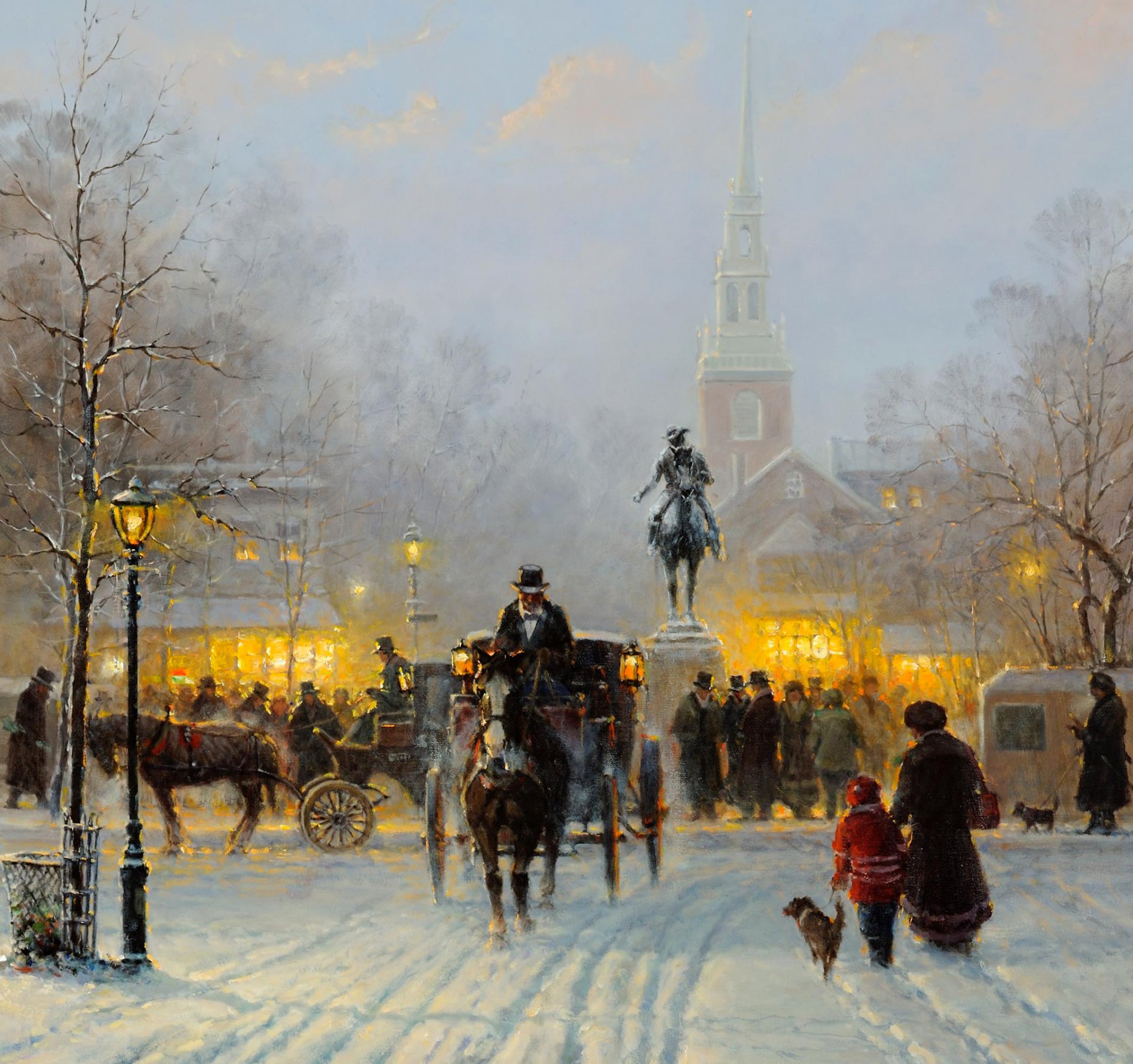 harvey g noche de invierno en el viejo boston pintura ciudad boston invierno monumento nieve gente carruaje