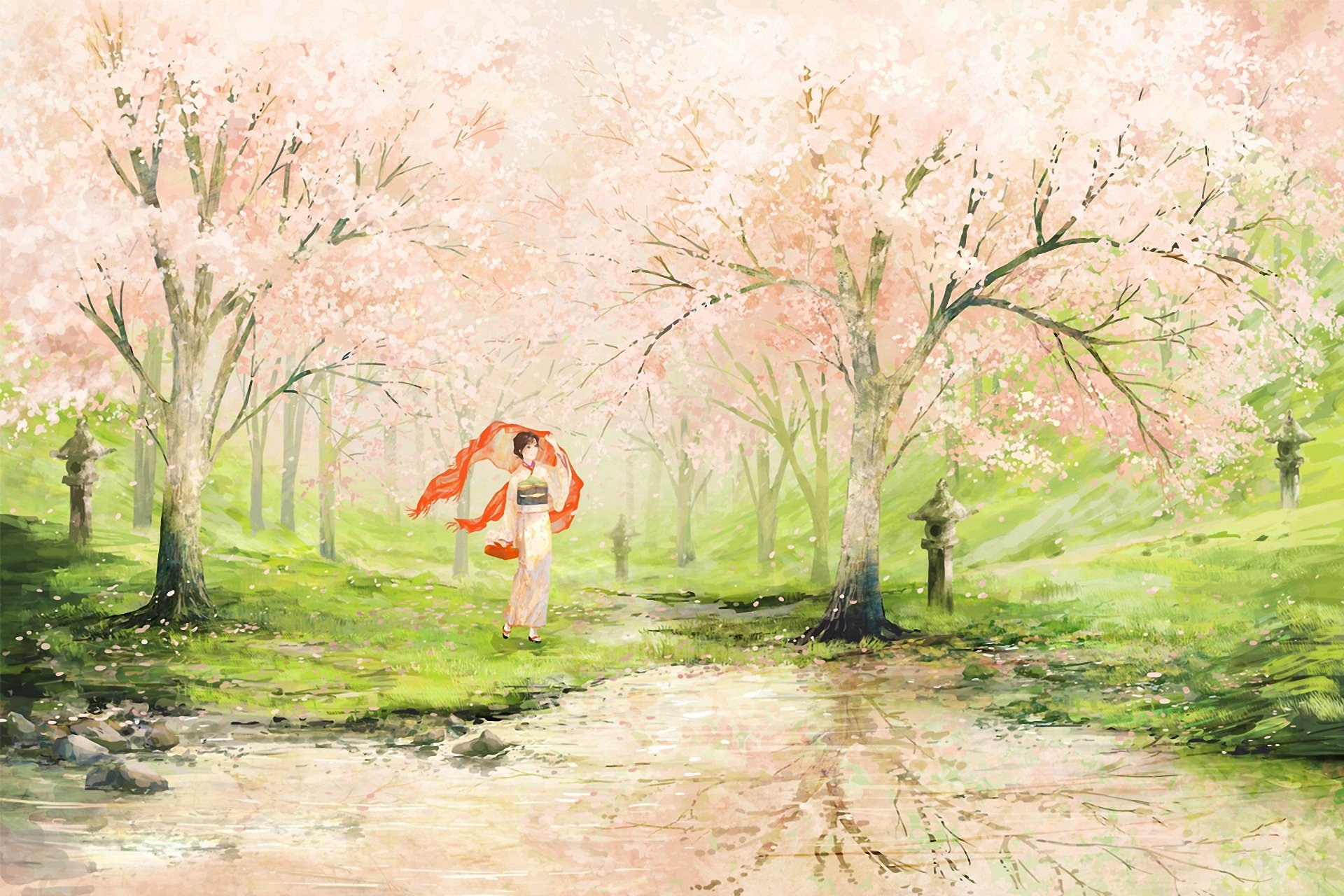 arte paesaggio dipinto ragazza primavera giardino meli lago