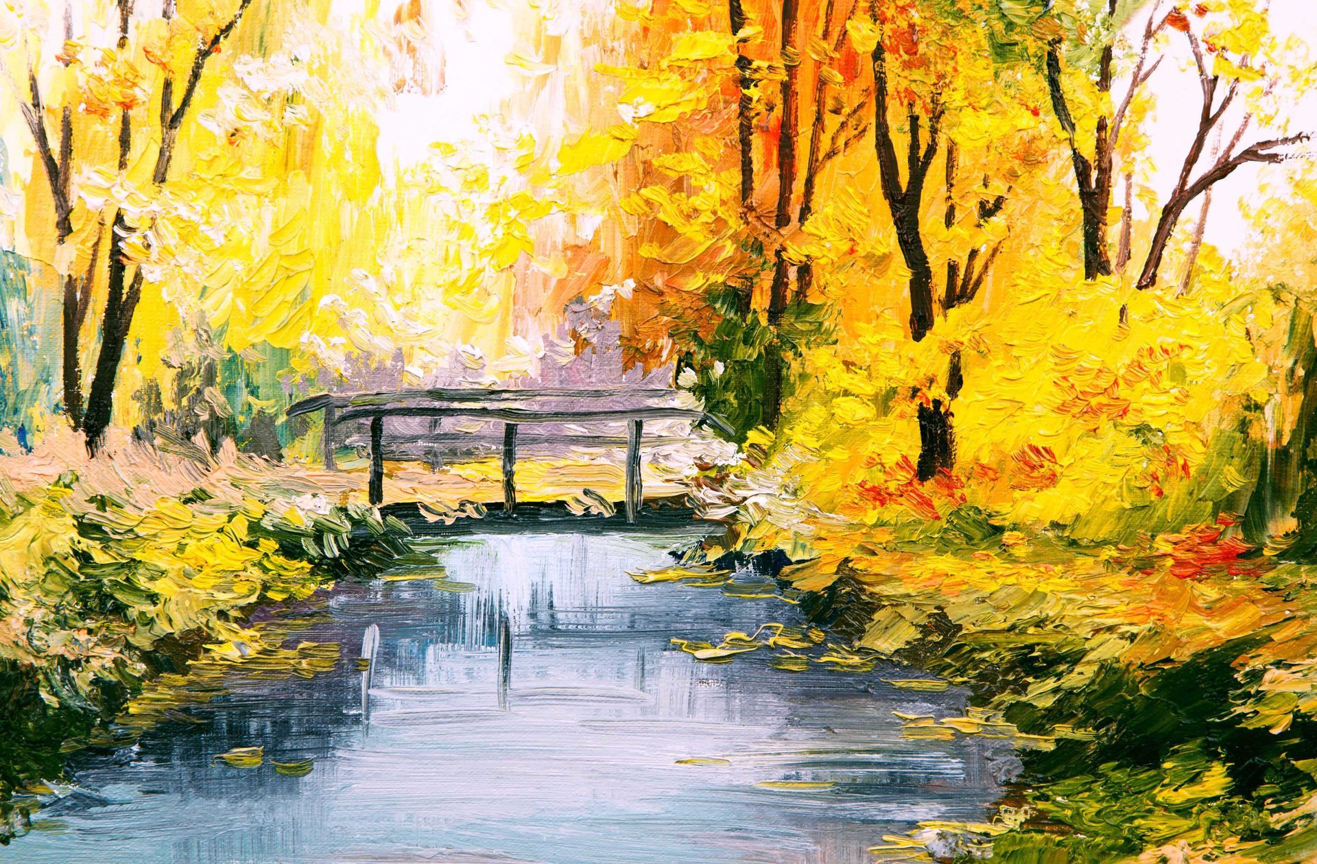 arte pintura imagen estaciones colorido otoño bosque parque río puente encanto naturaleza pintura pinceladas óleo sobre lienzo