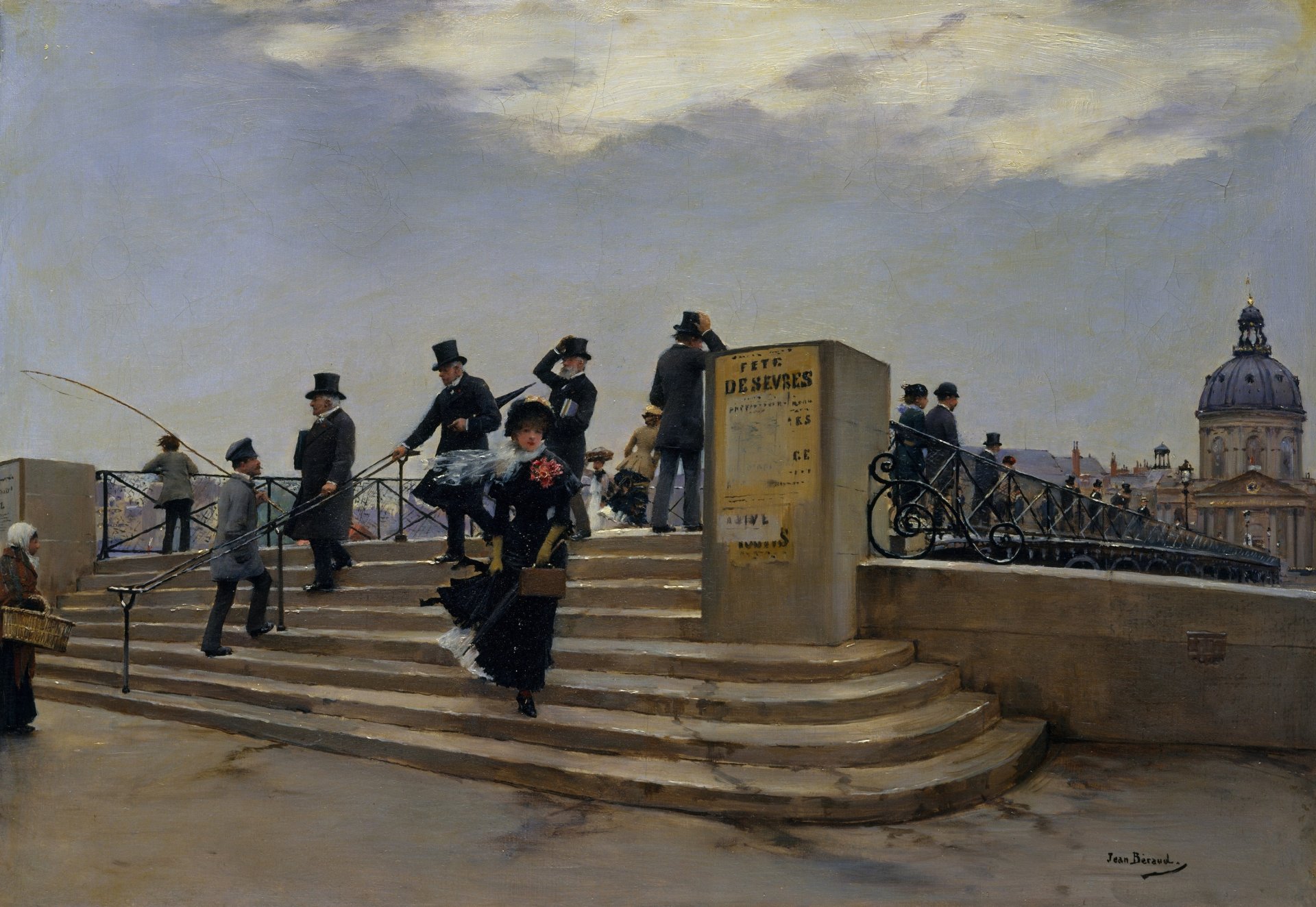 pittura jean béraud ragazza vestito nero gradini ponte vento sciarpa valigia ombrello persone