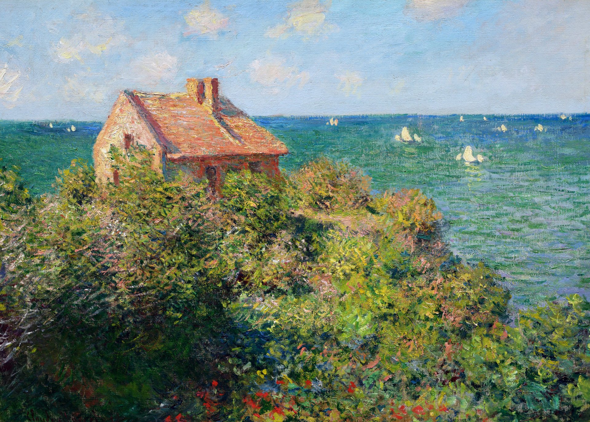 claude monet gemälde landschaft himmel wolken haus boot segel