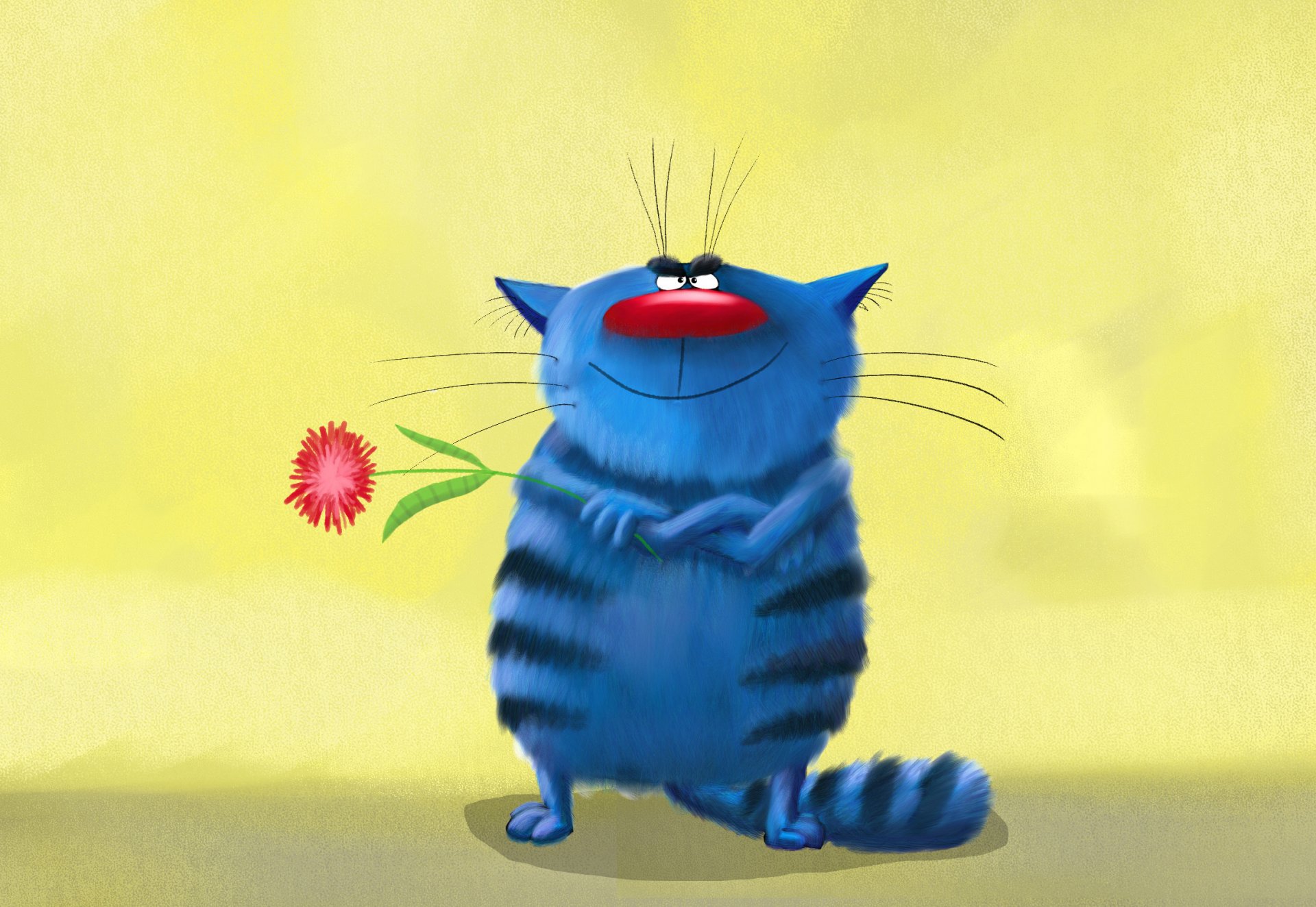 art painting pattern cat funny striped blue cool smiles holds in the paws flower aster surprise paint watercolor