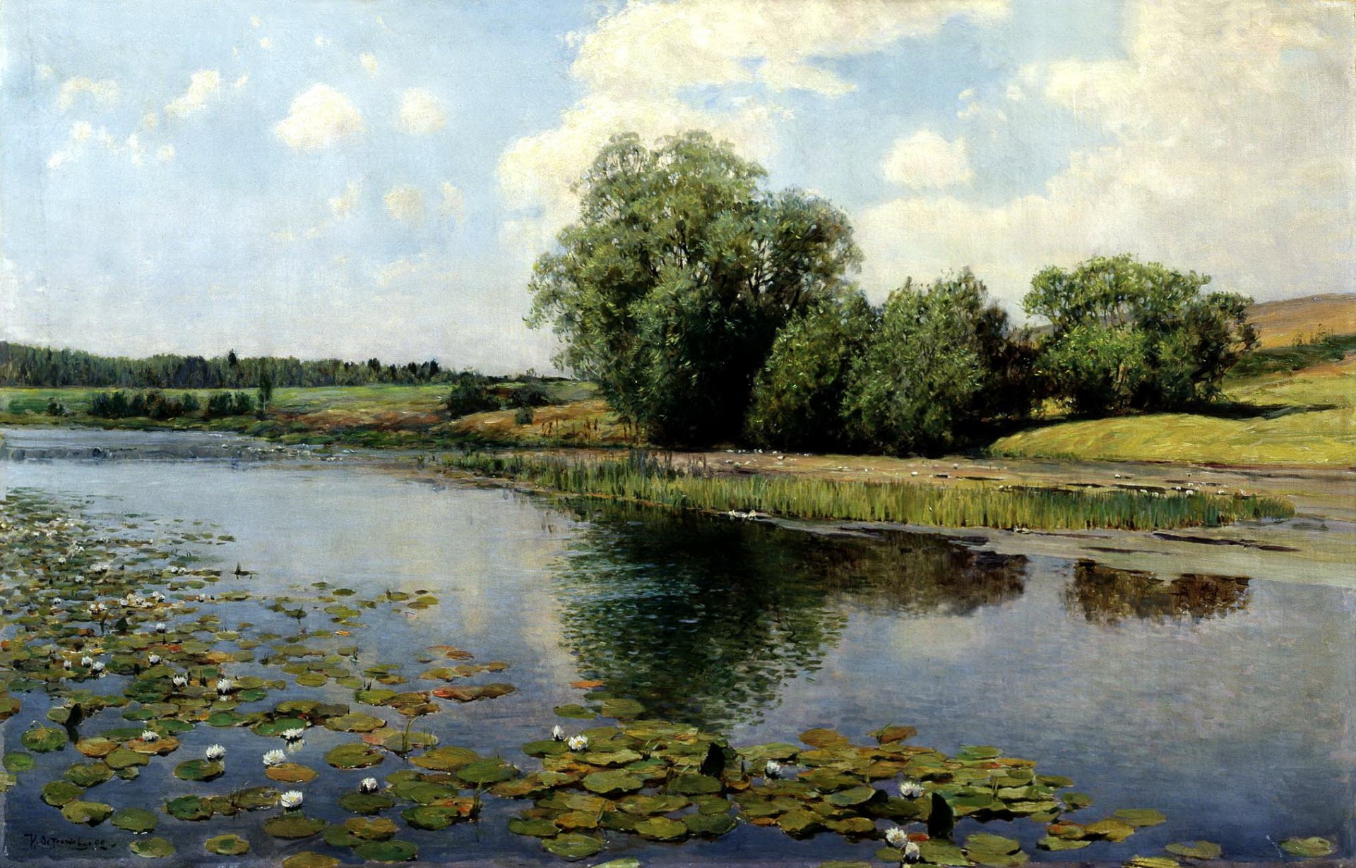 peinture ostroukhov rivière à midi peinture eau nénuphars roseaux buissons arbres ciel