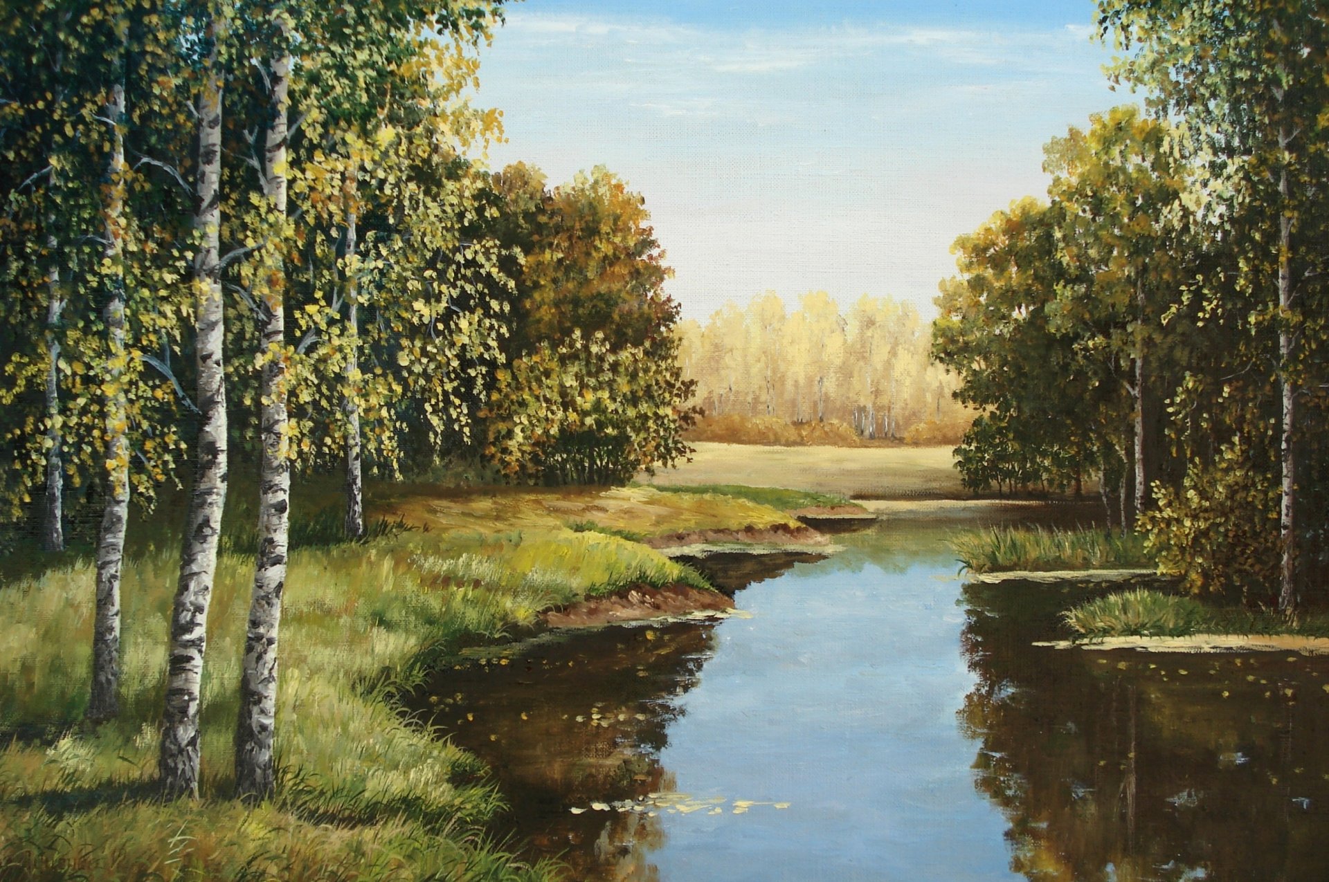 painting art lutsenko breath of autumn pattern river water forest beach sky