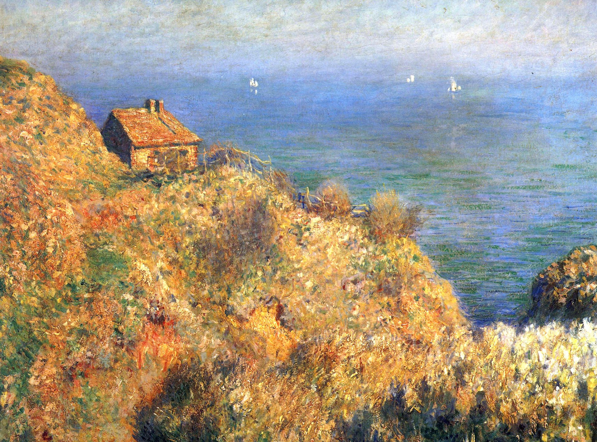 claude monet gemälde landschaft meer felsen haus boot segel