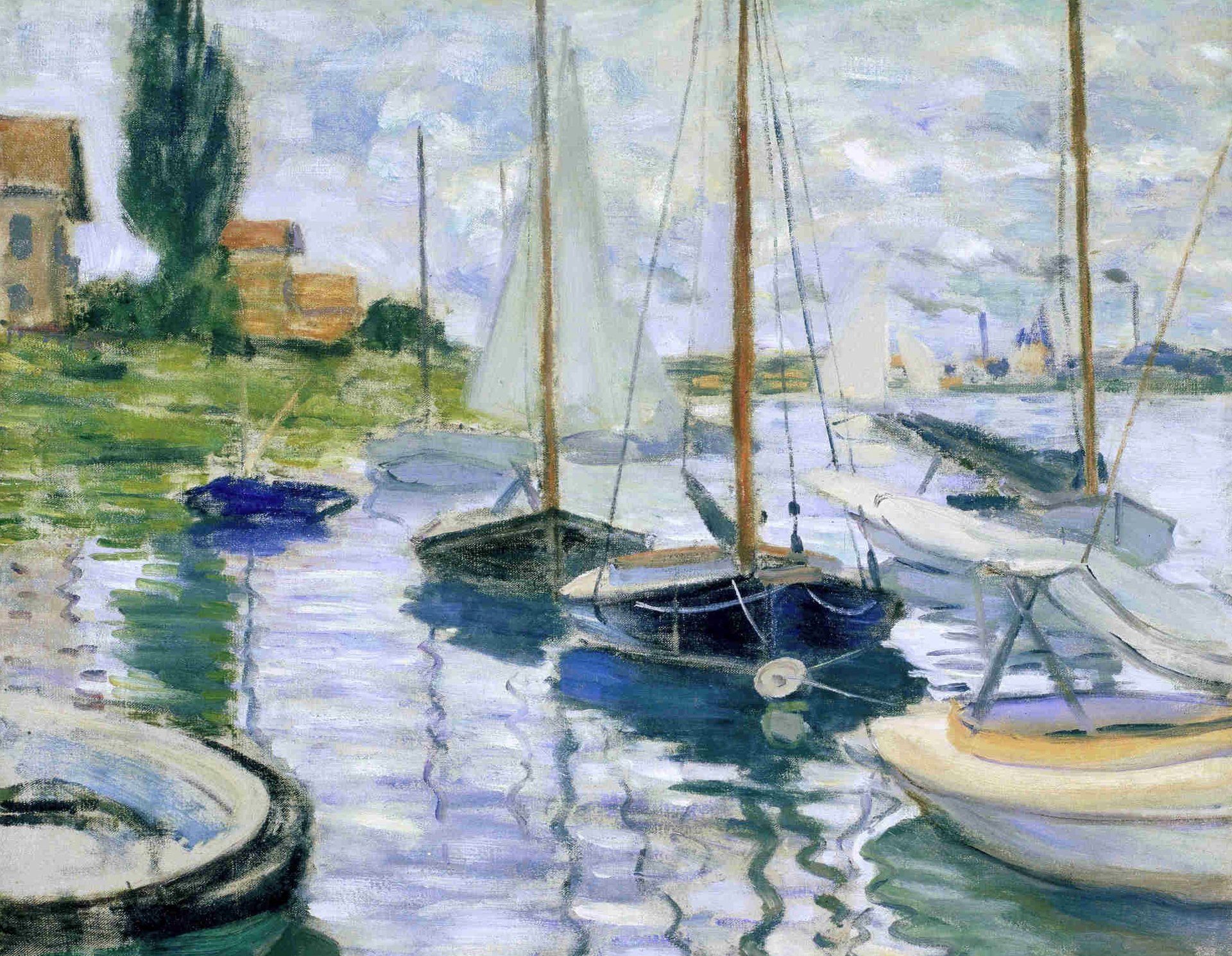 claude monet gemälde landschaft fluss boot segel haus