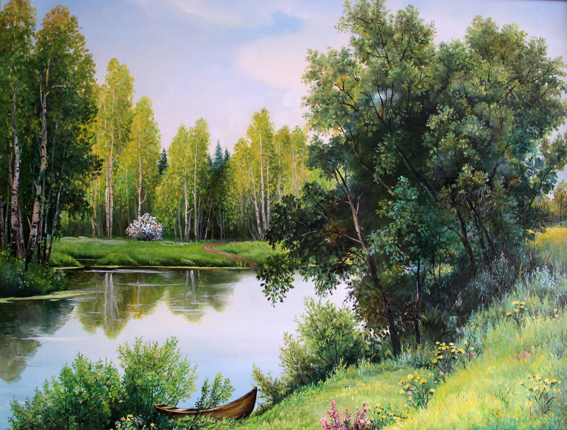 picture canvas gorbatenko may greens nature landscape forest river tree beach boat bush