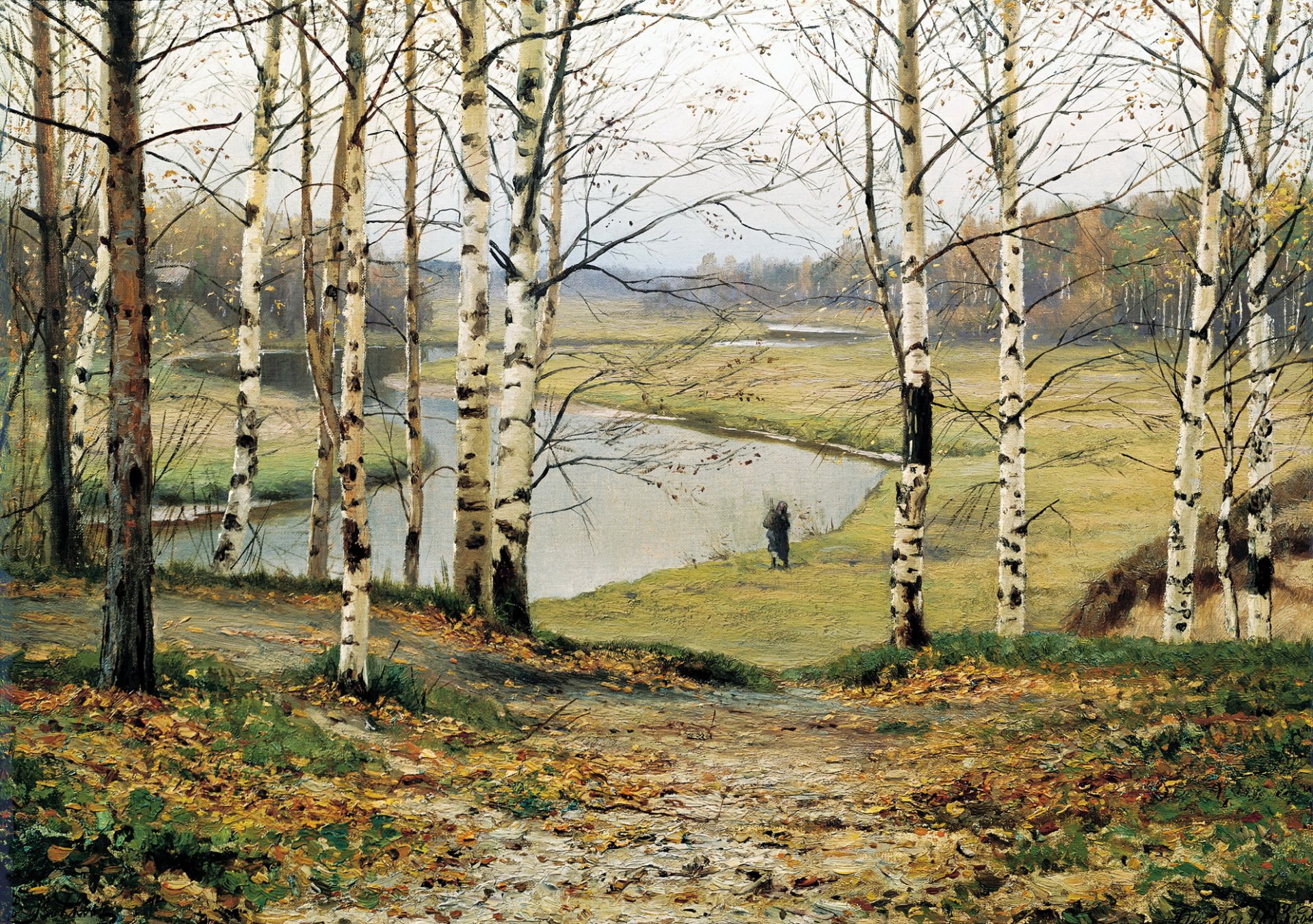 pintura lobos octubre pintura paisaje otoño bosque árboles río agua orilla hombre figura