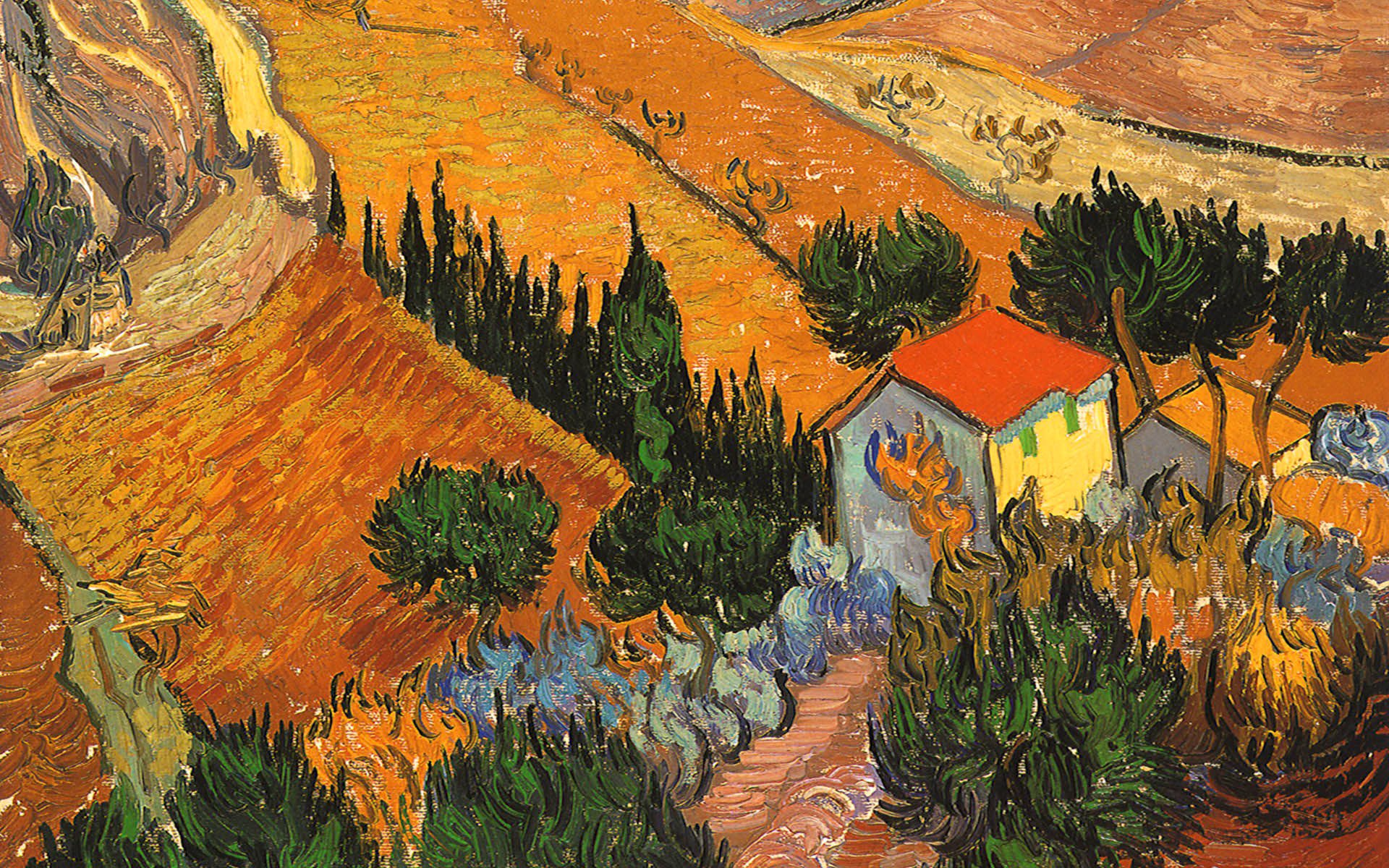 vincent van gogh pintura paisaje casa campo árboles