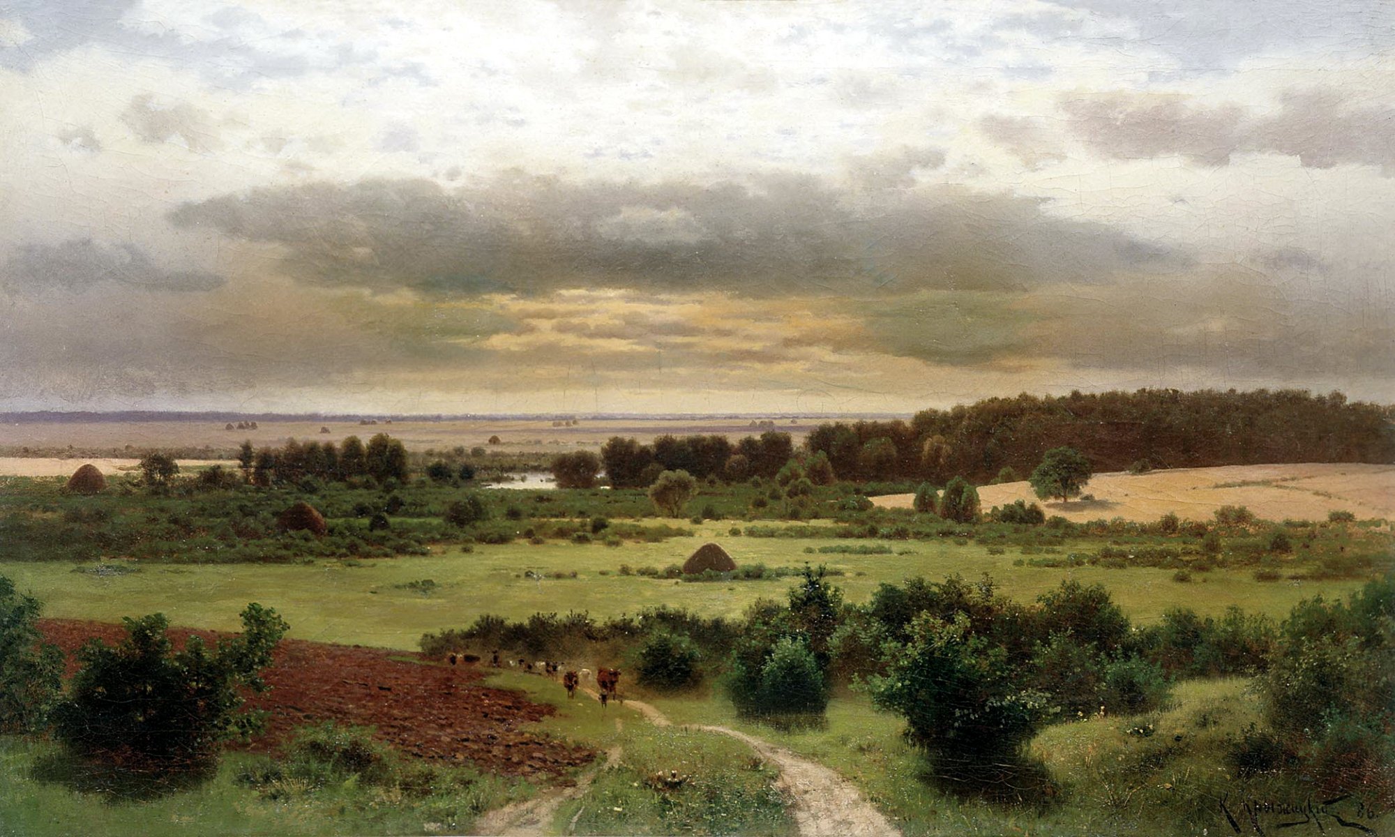 malerei kryzhicki wald bild leinwand landschaft straße büsche bäume feld wiese himmel wolken herde kühe