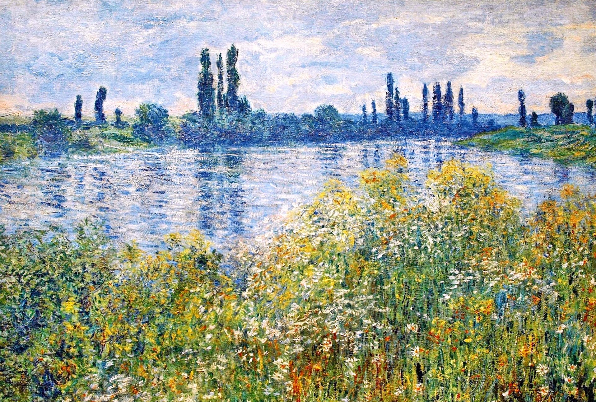 claude monet pintura paisaje río cielo árboles flores hierba