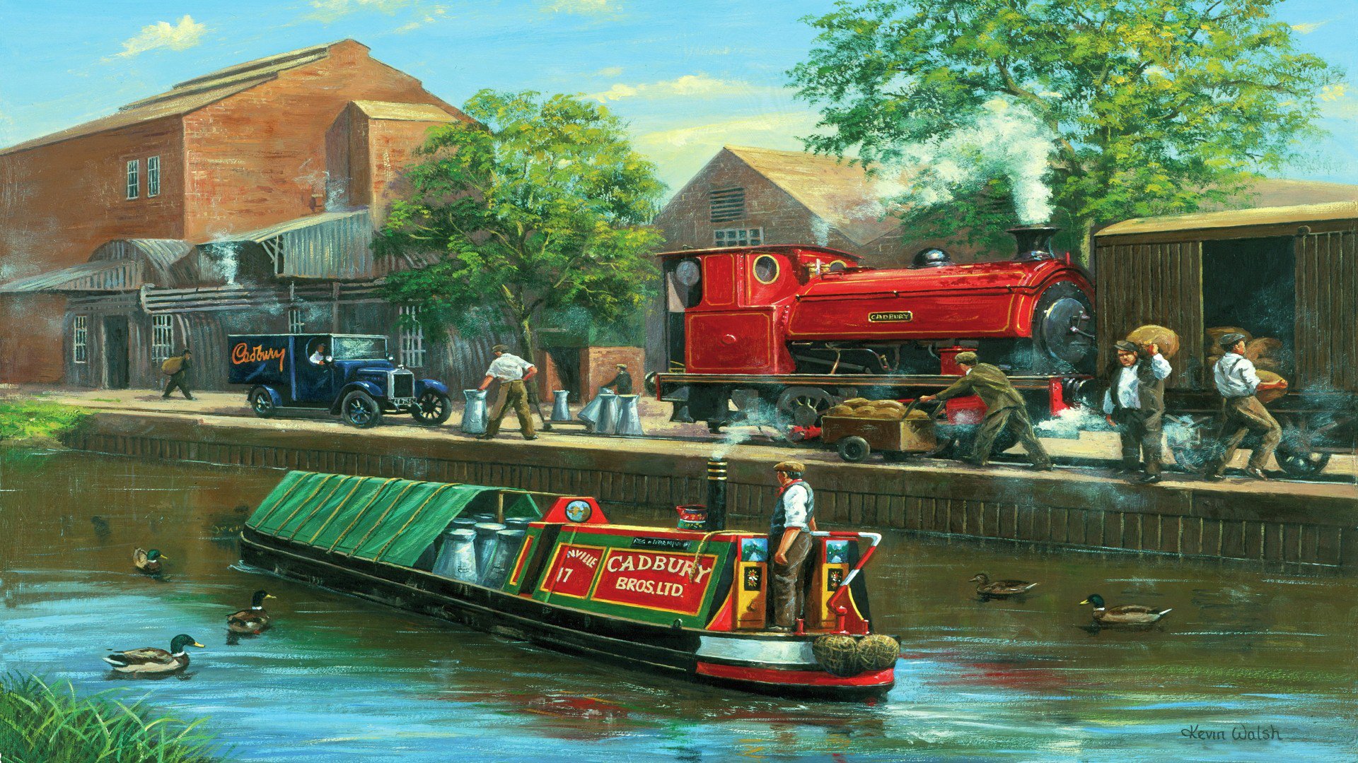 dibujo pintura paisaje canal barcaza patos locomotora de vapor coche ciudad gente cadbury