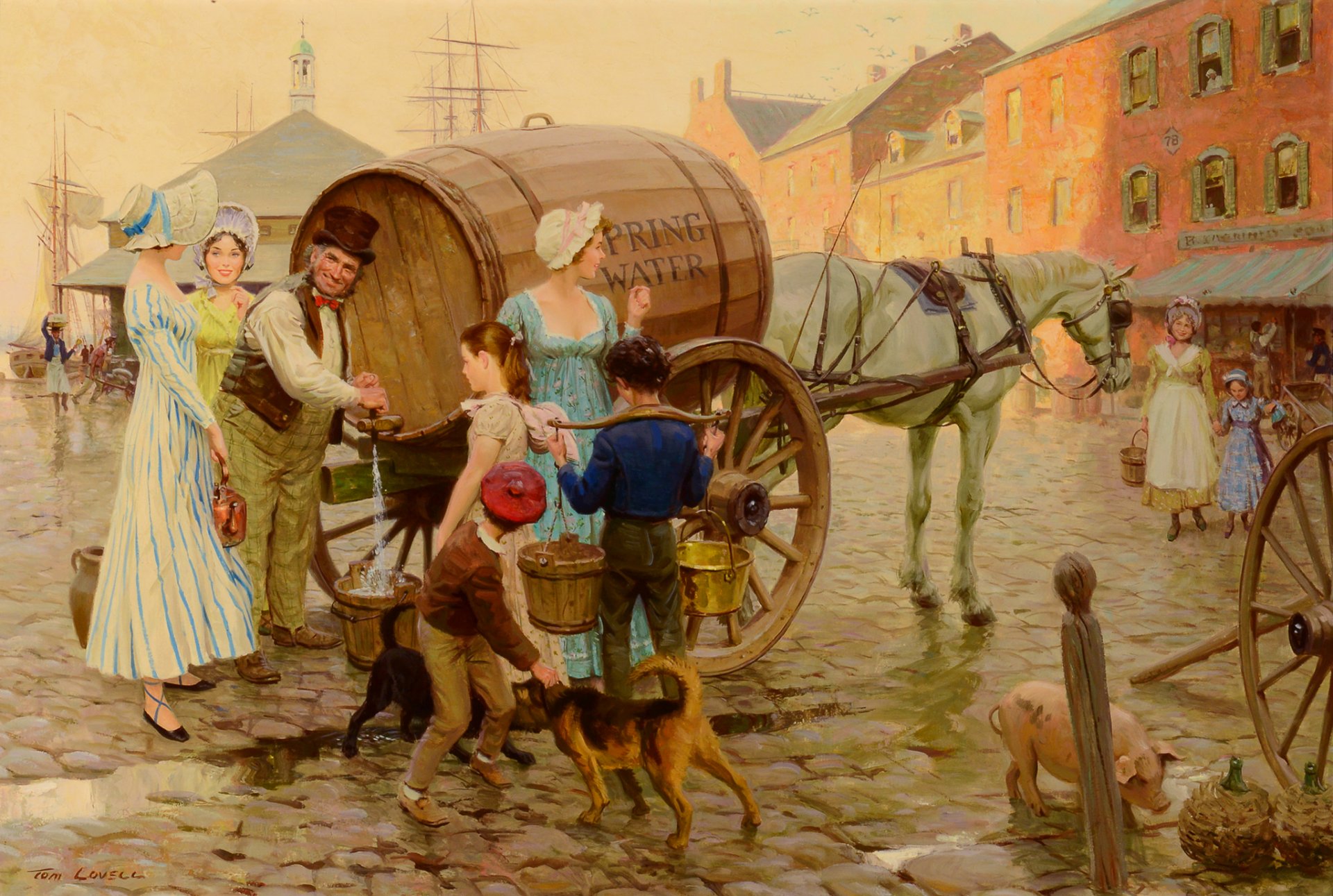 tom lovell spring water vendor pattern genre town street people children barrels water dog