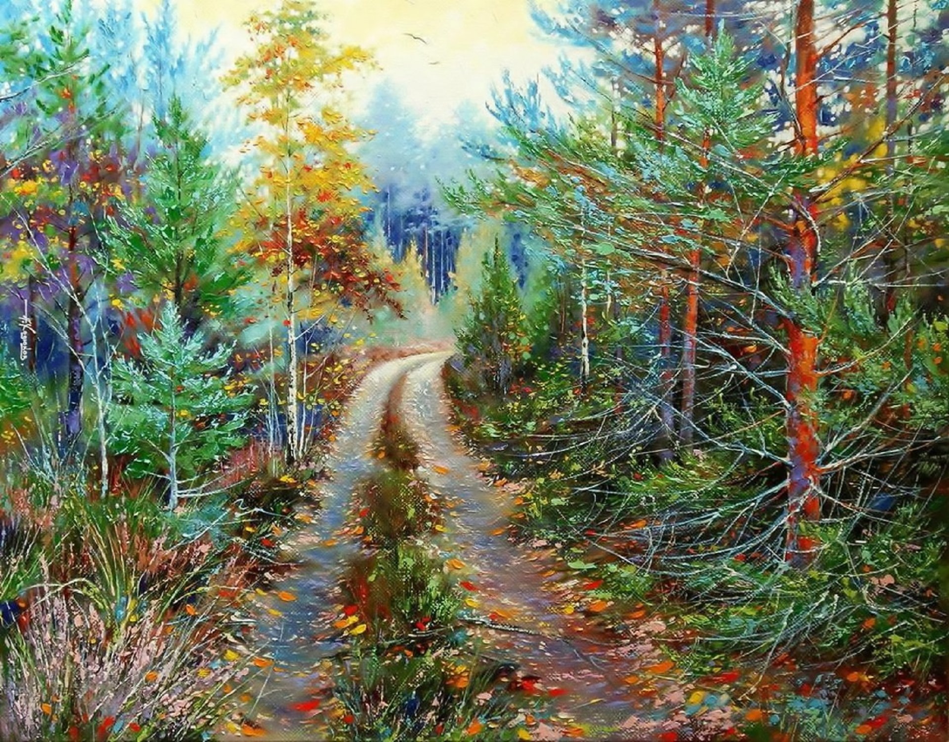 pintura caminantes camino del bosque pintura lienzo óleo paisaje naturaleza