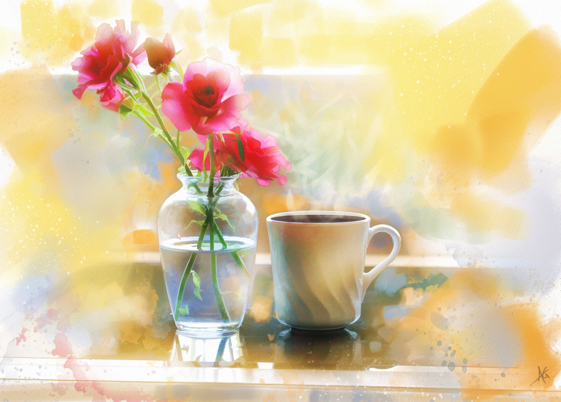 peinture vase fleurs roses tasse café