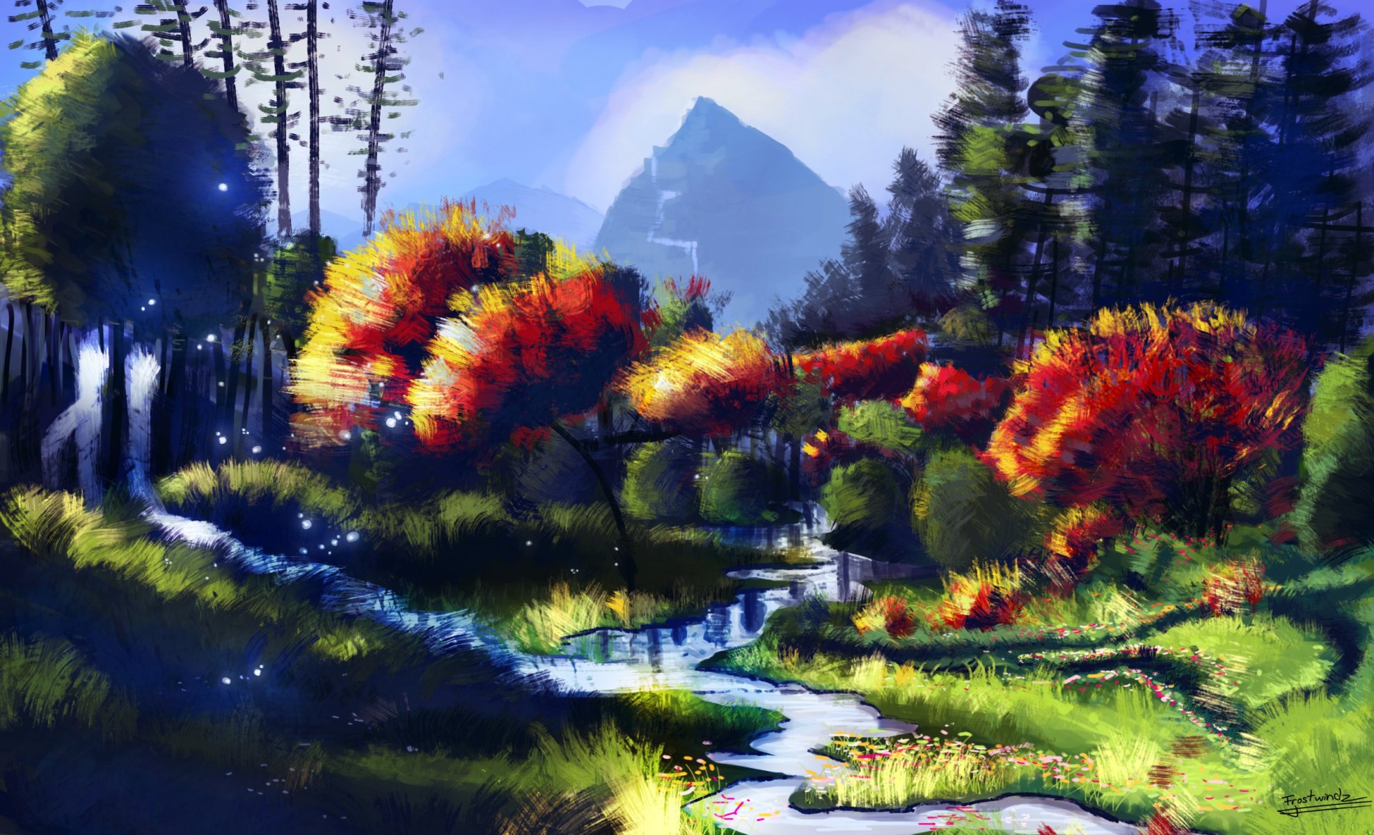 painting art landscape nature autumn tree river