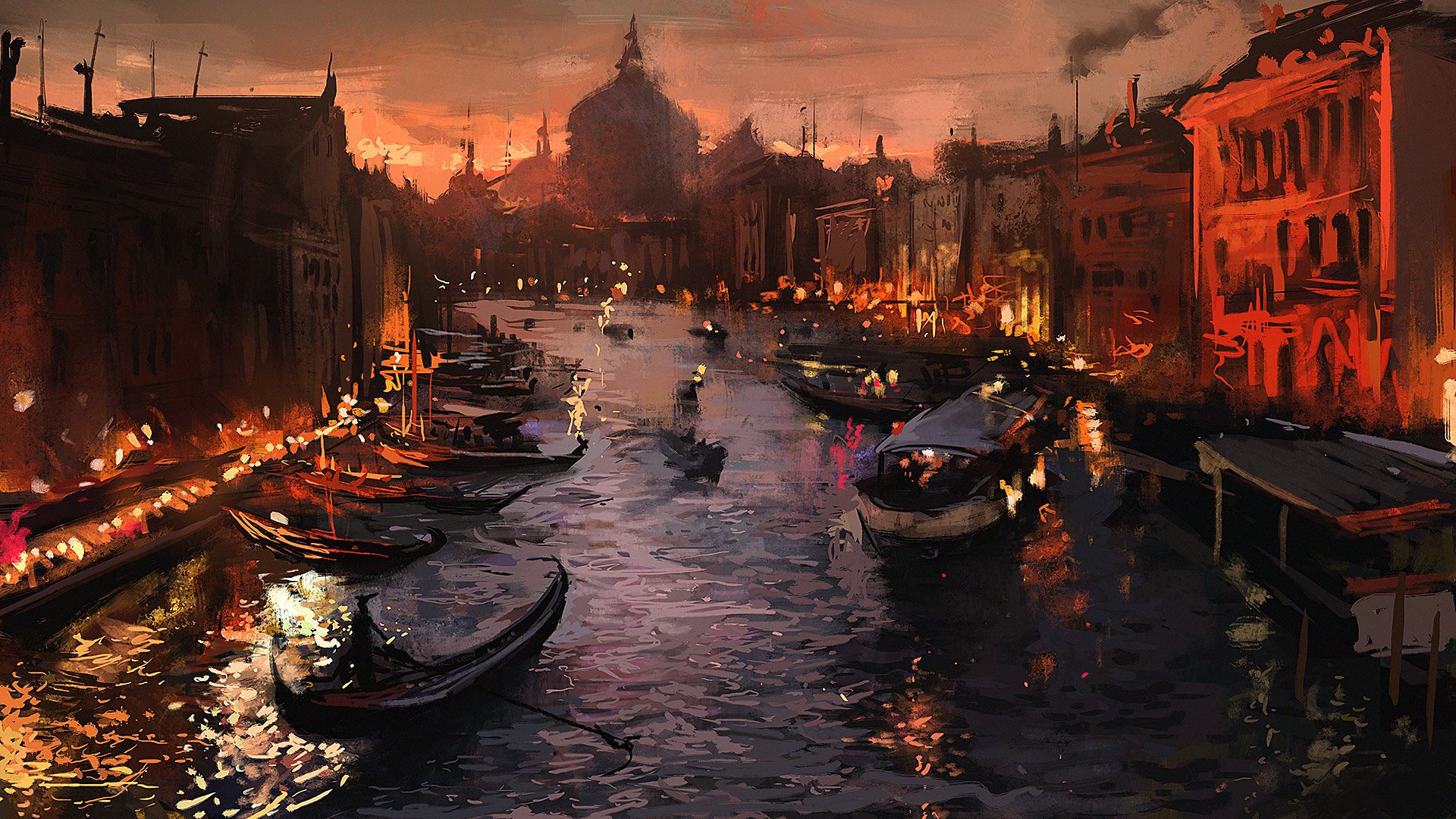 venice art town night lights river boat