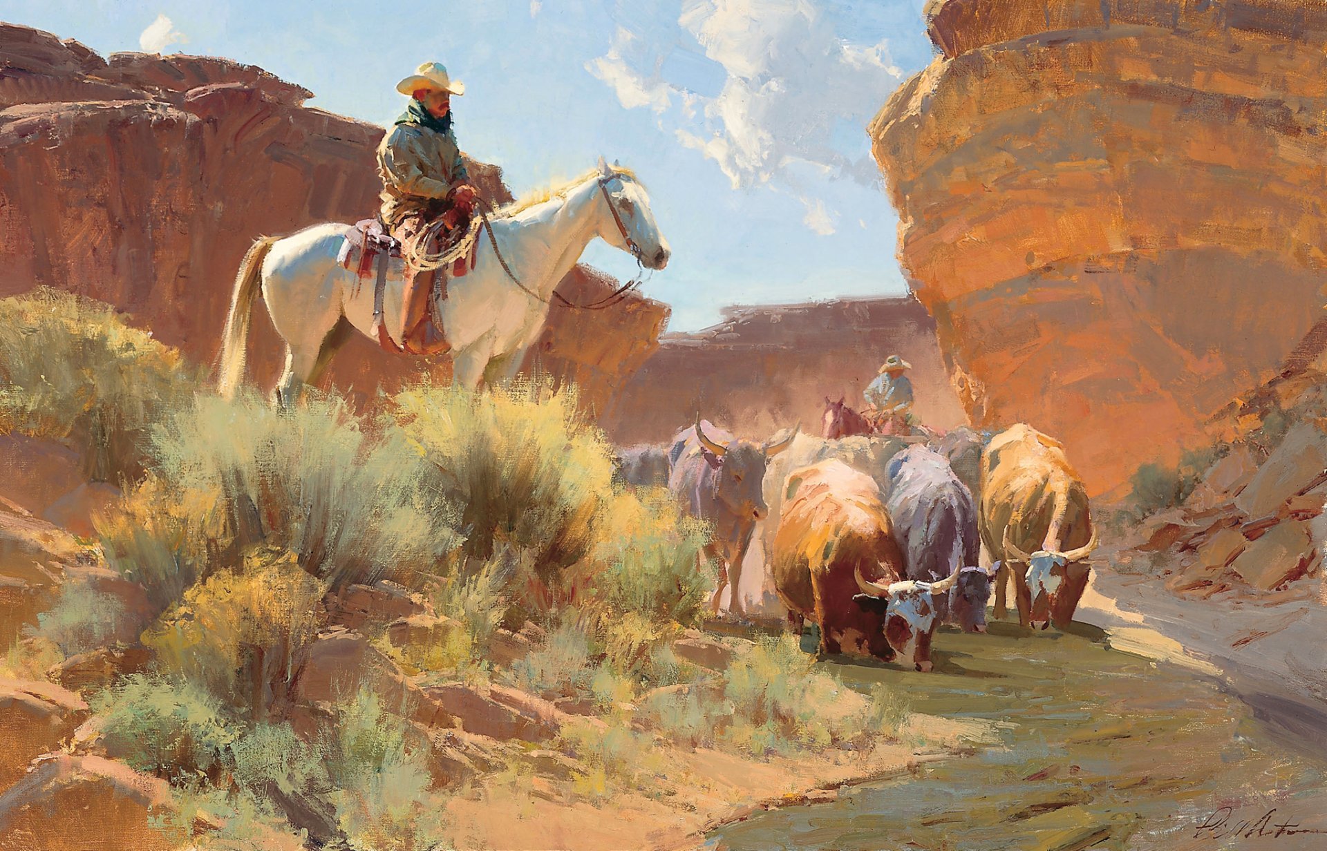 pintura vaquero caballo vaca río abrevadero