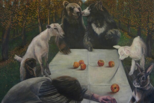 Peinture avec des animaux qui sont assis à la table