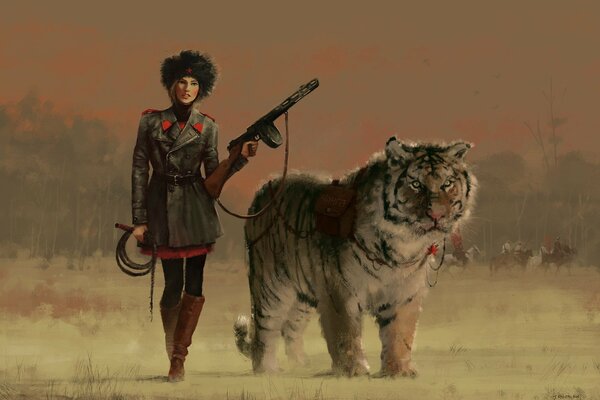 Girl with a gun and a tiger on a leash art