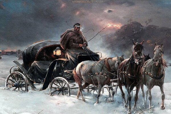 Three horses with a cart in a blizzard