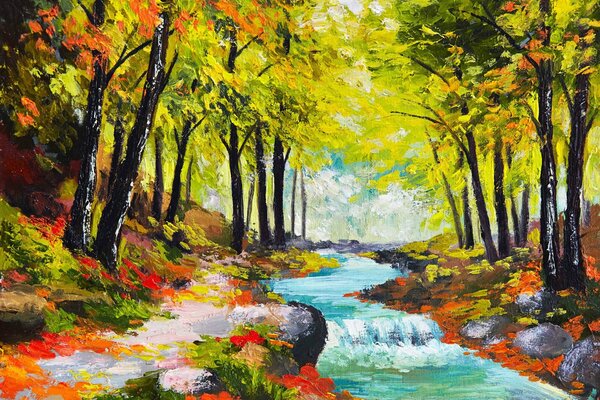 Painting of the azure river among the autumn forest