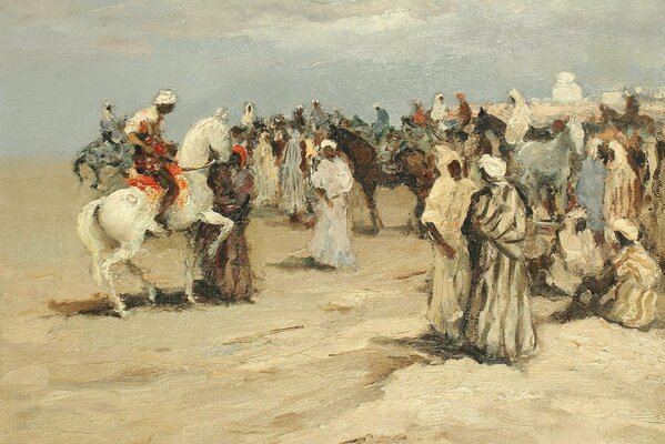 Arabs gathered in the middle of the desert sands