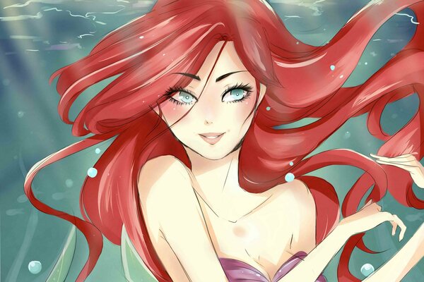 The little mermaid with red hair in the water