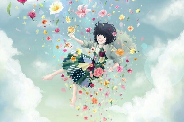 Flying girl in a flower extravaganza